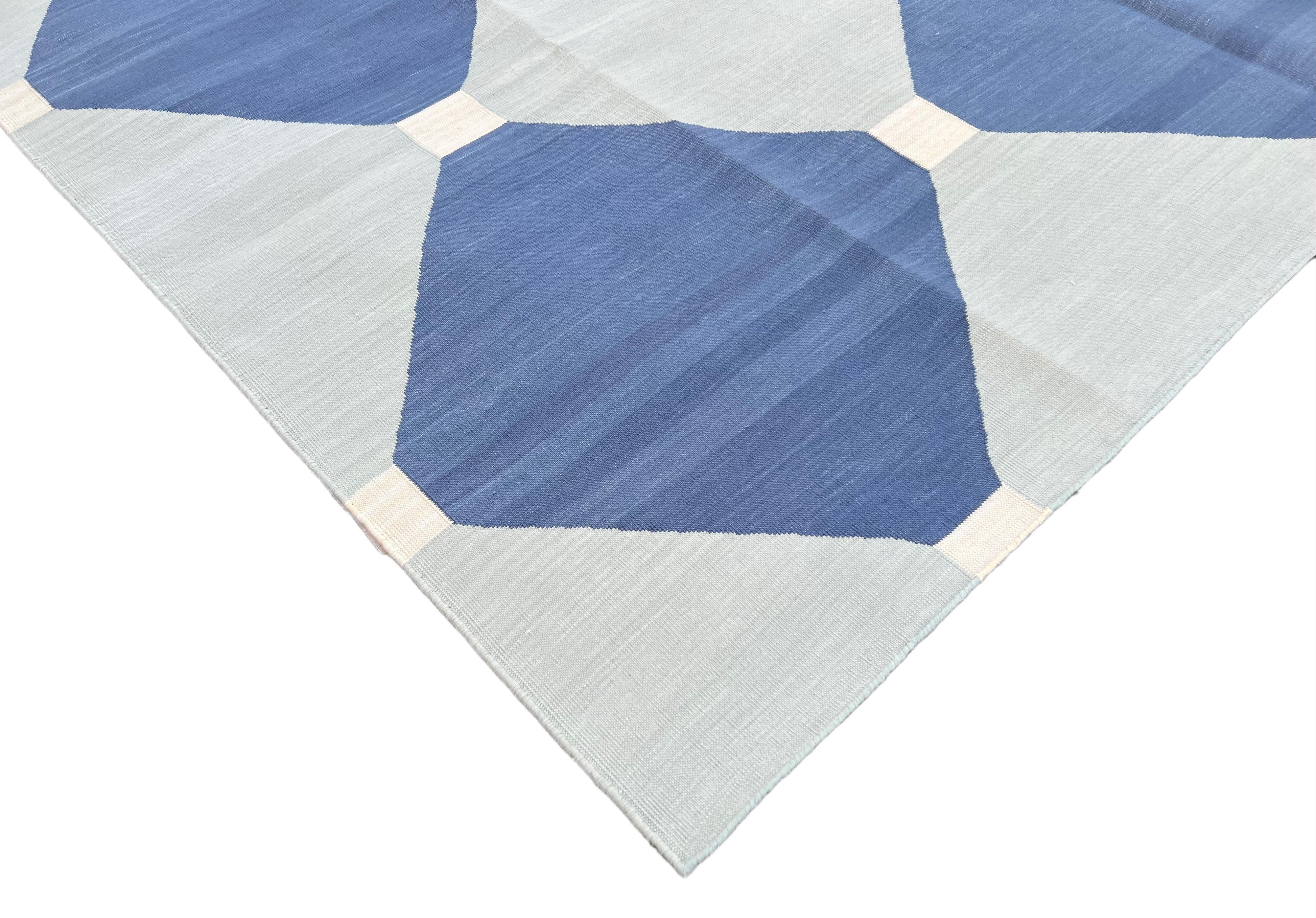 Mid-Century Modern Handmade Cotton Area Flat Weave Rug, 6x9 Grey And Blue Tile Patterned Dhurrie For Sale