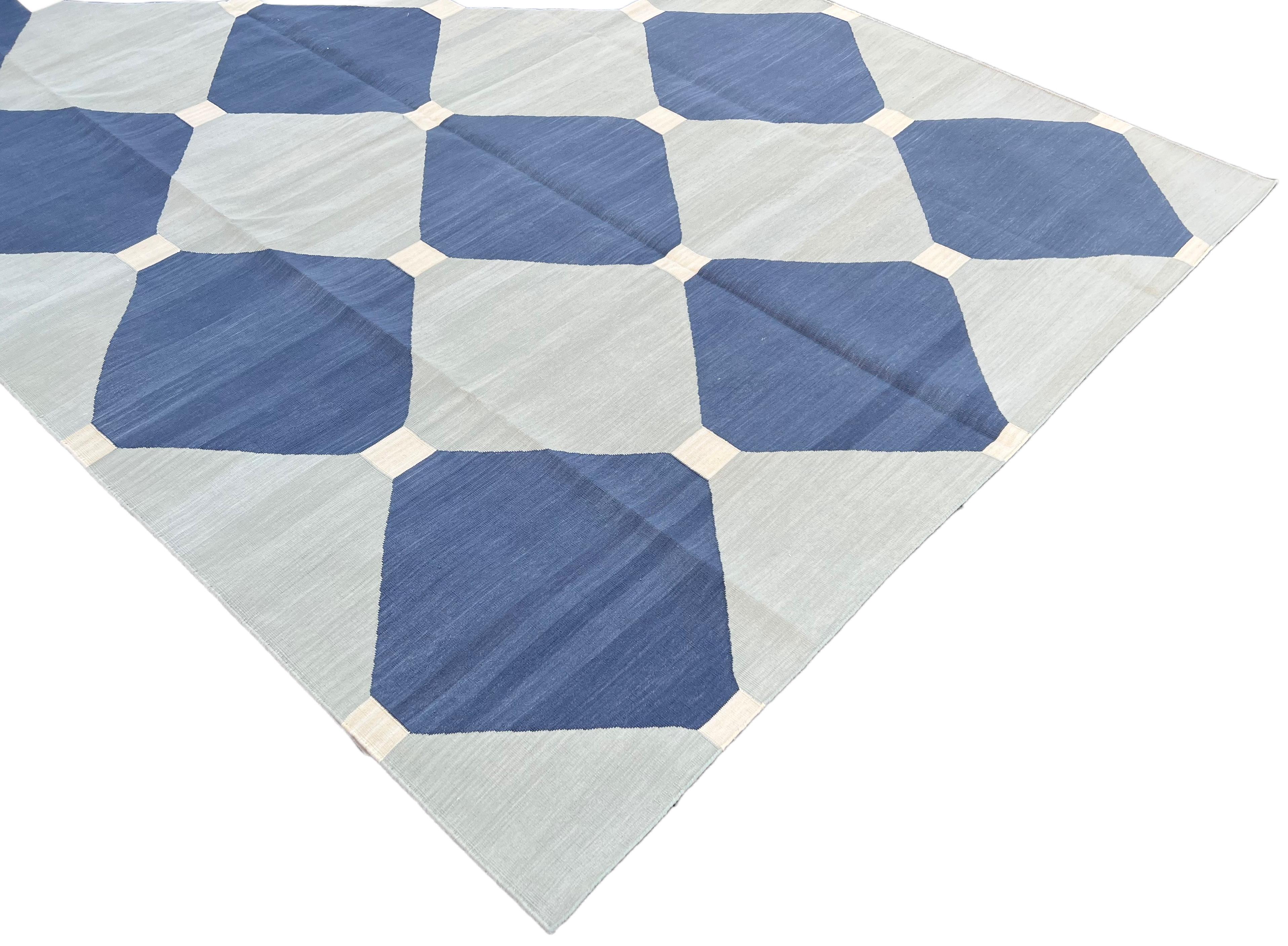 Indian Handmade Cotton Area Flat Weave Rug, 6x9 Grey And Blue Tile Patterned Dhurrie For Sale