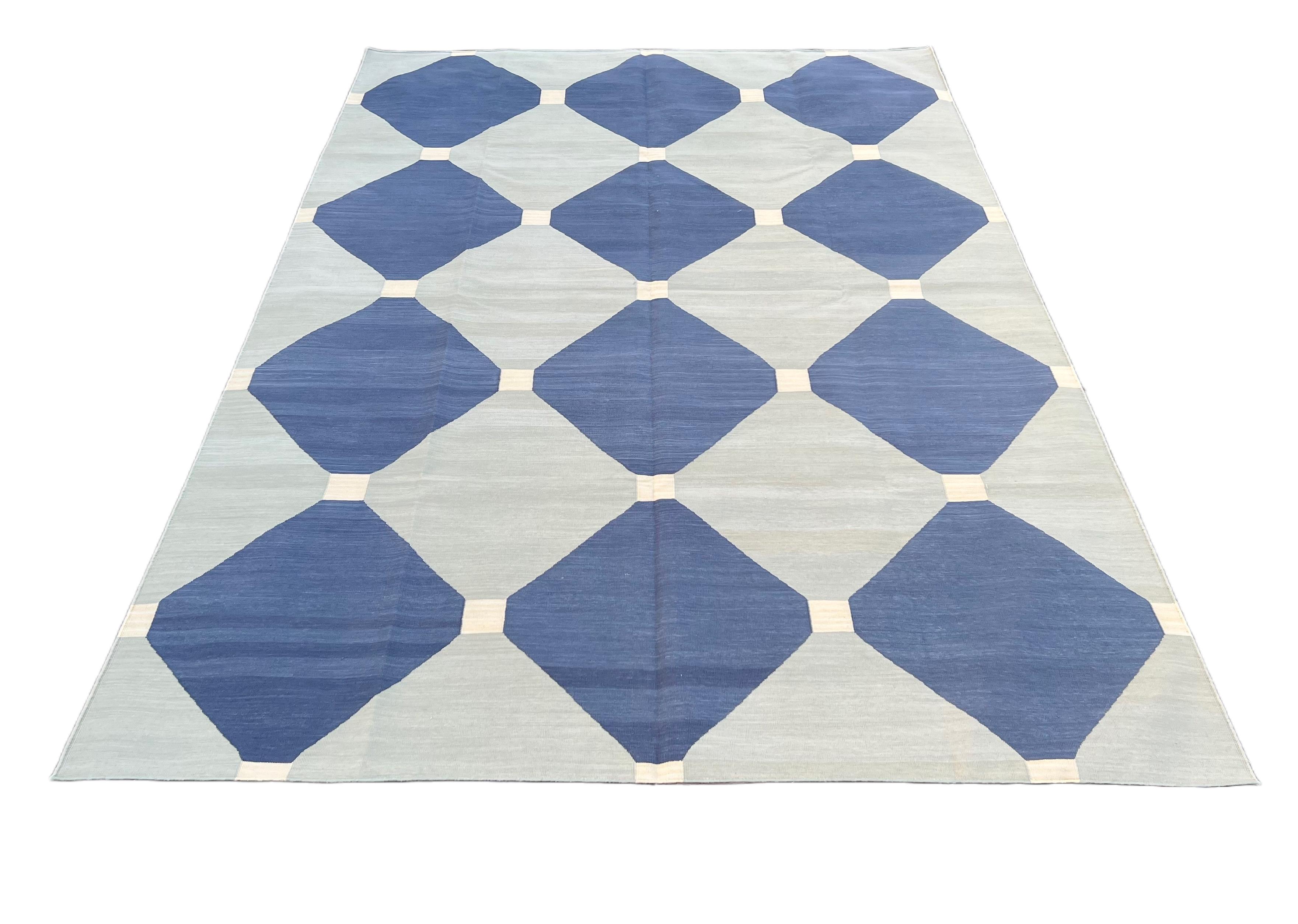 Handmade Cotton Area Flat Weave Rug, 6x9 Grey And Blue Tile Patterned Dhurrie For Sale 1