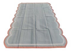 Handmade Cotton Area Flat Weave Rug, 6x9 Grey And Coral Scalloped Indian Dhurrie