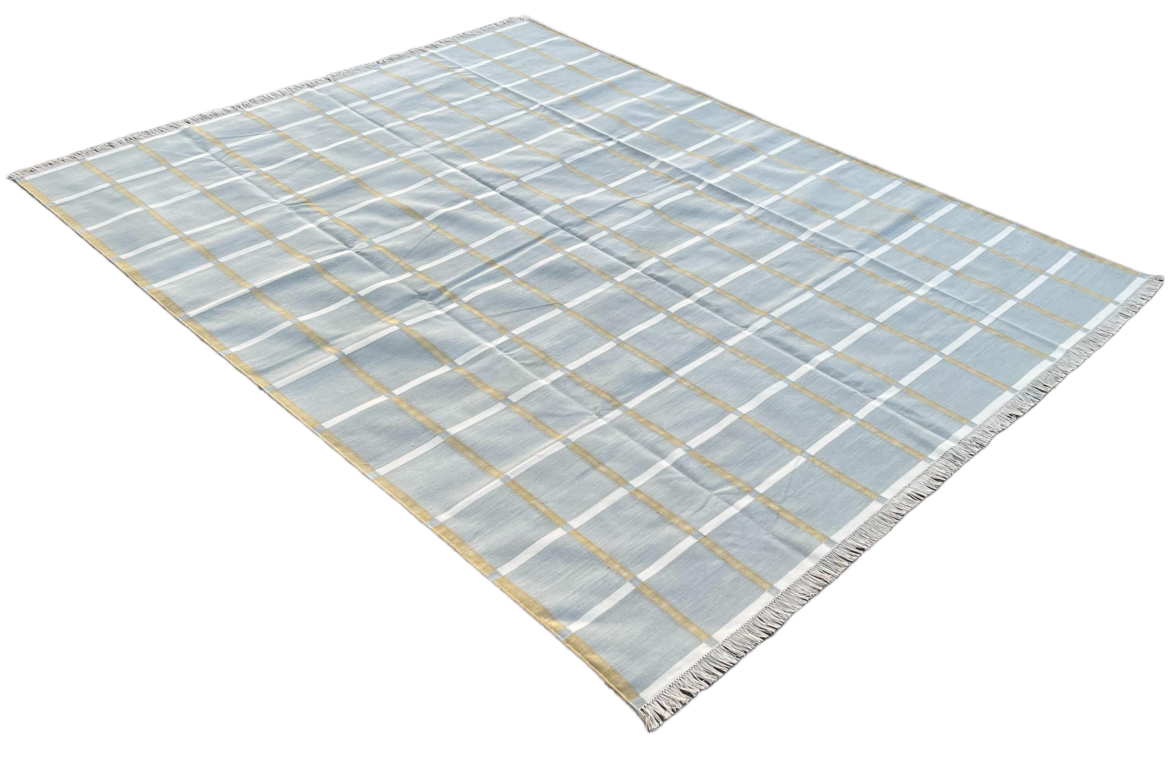 Mid-Century Modern Handmade Cotton Area Flat Weave Rug, 6x9 Grey Windowpane Checked Indian Dhurrie For Sale