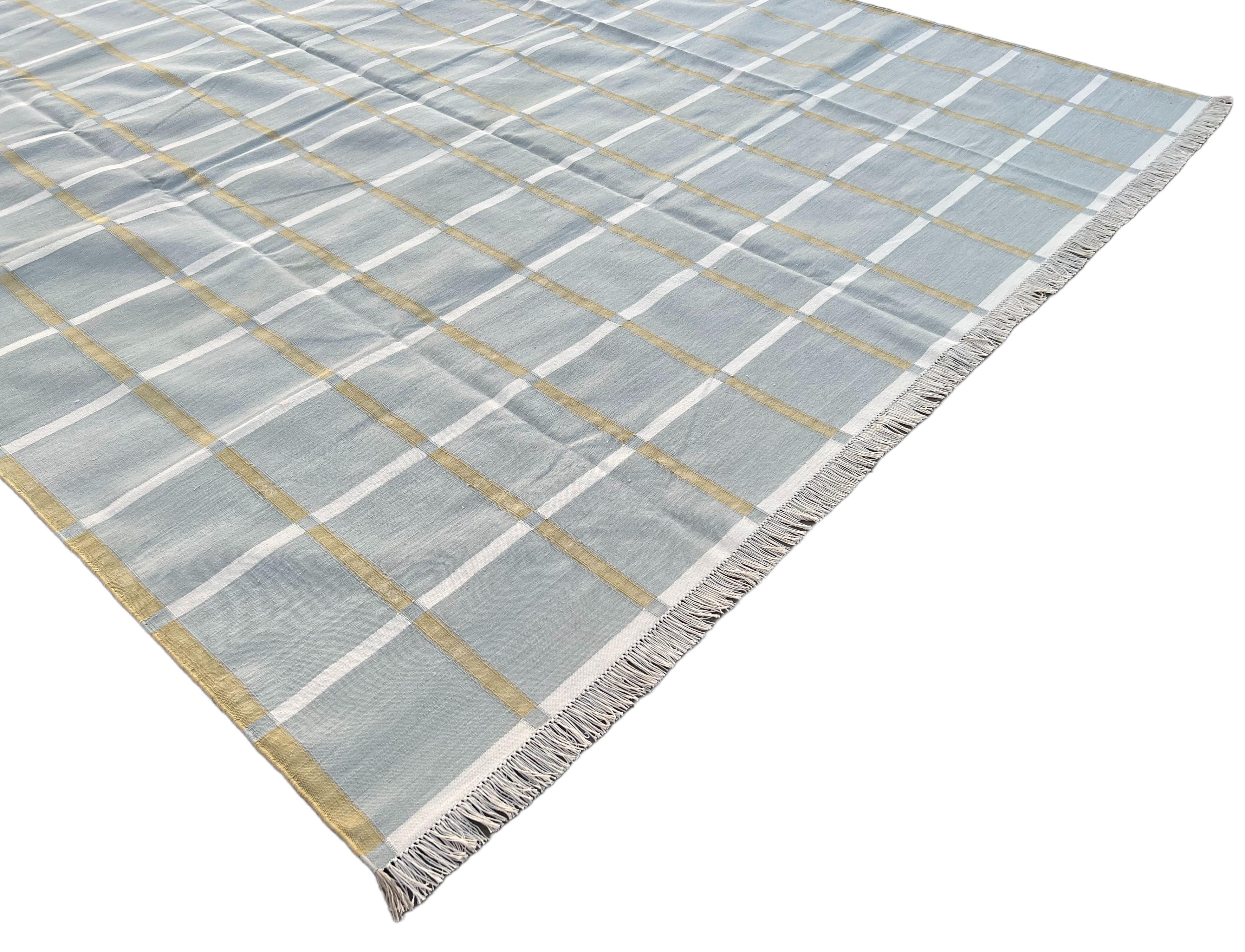 Handmade Cotton Area Flat Weave Rug, 6x9 Grey Windowpane Checked Indian Dhurrie In New Condition For Sale In Jaipur, IN