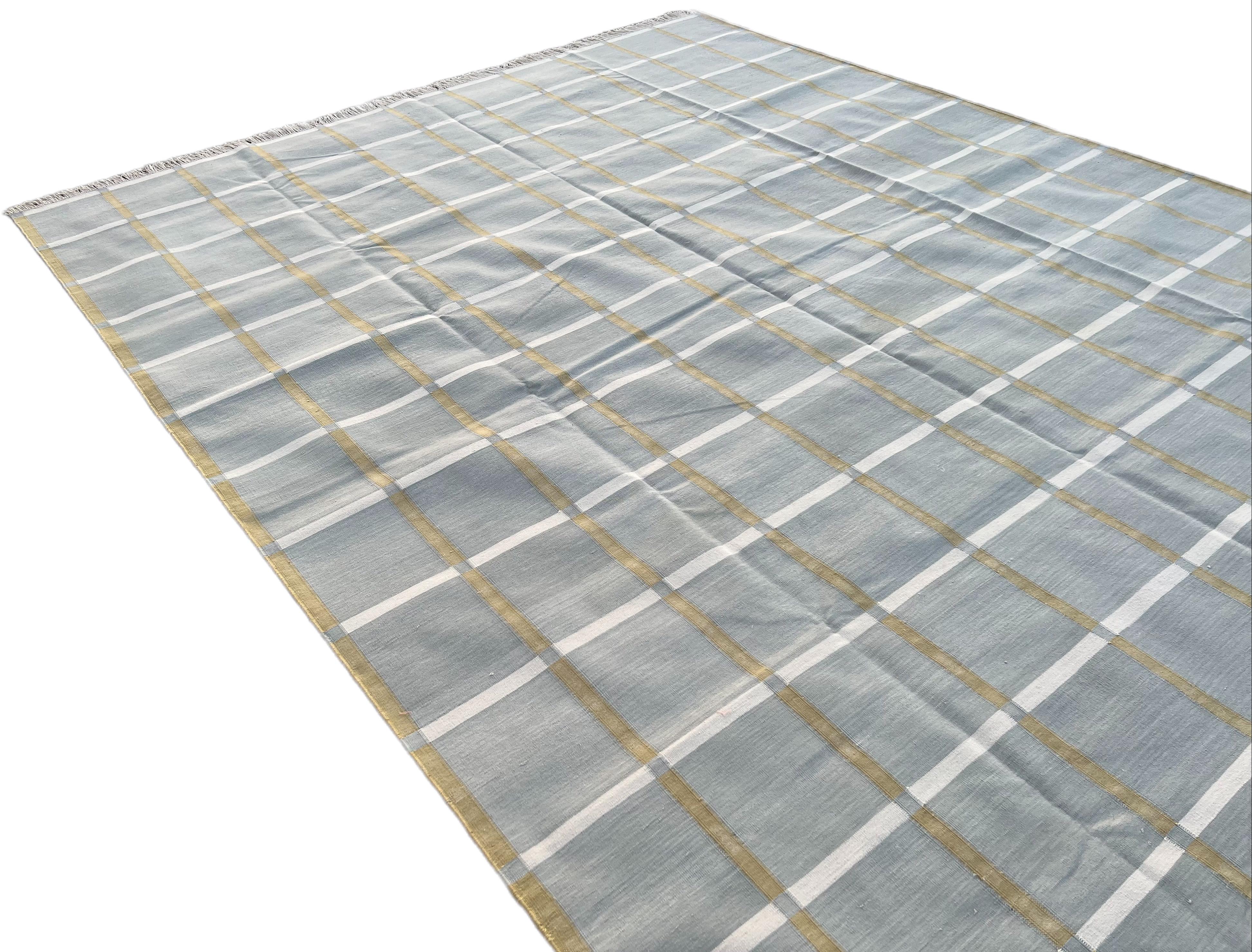 Contemporary Handmade Cotton Area Flat Weave Rug, 6x9 Grey Windowpane Checked Indian Dhurrie For Sale