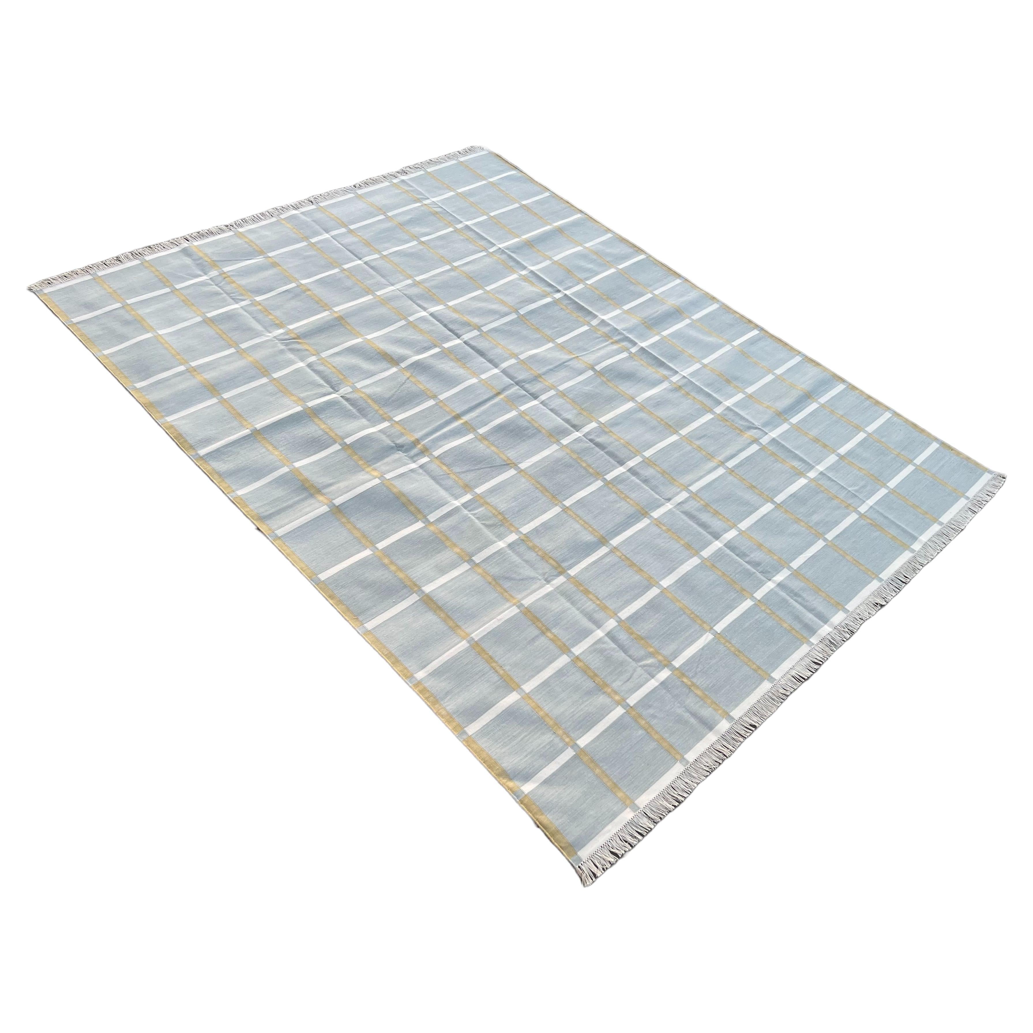 Handmade Cotton Area Flat Weave Rug, 6x9 Grey Windowpane Checked Indian Dhurrie For Sale