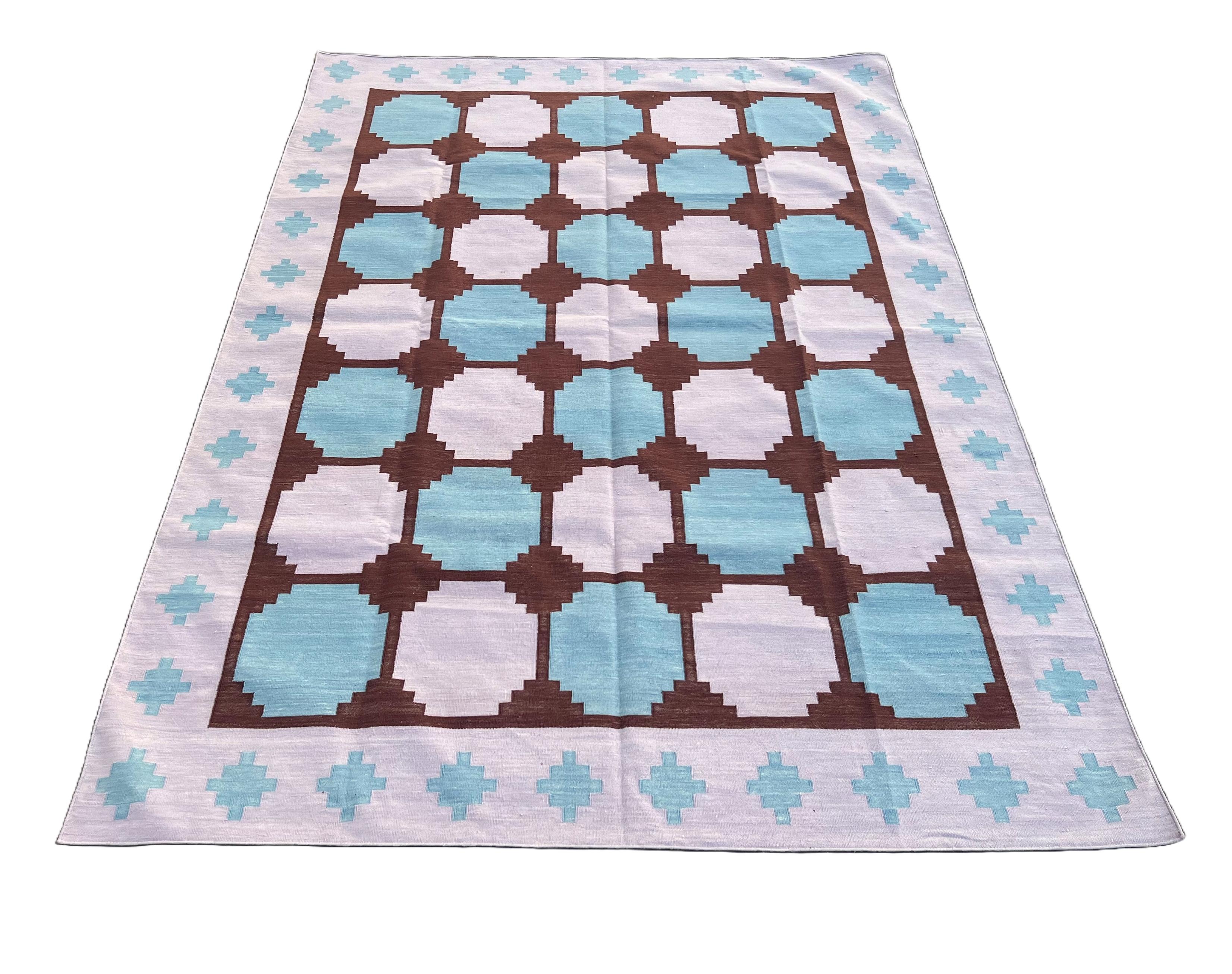 Tappeto a tessitura piatta in cotone fatto a mano, 6x9 Lavanda e piastrelle rosse Indiano Dhurrie in vendita 3