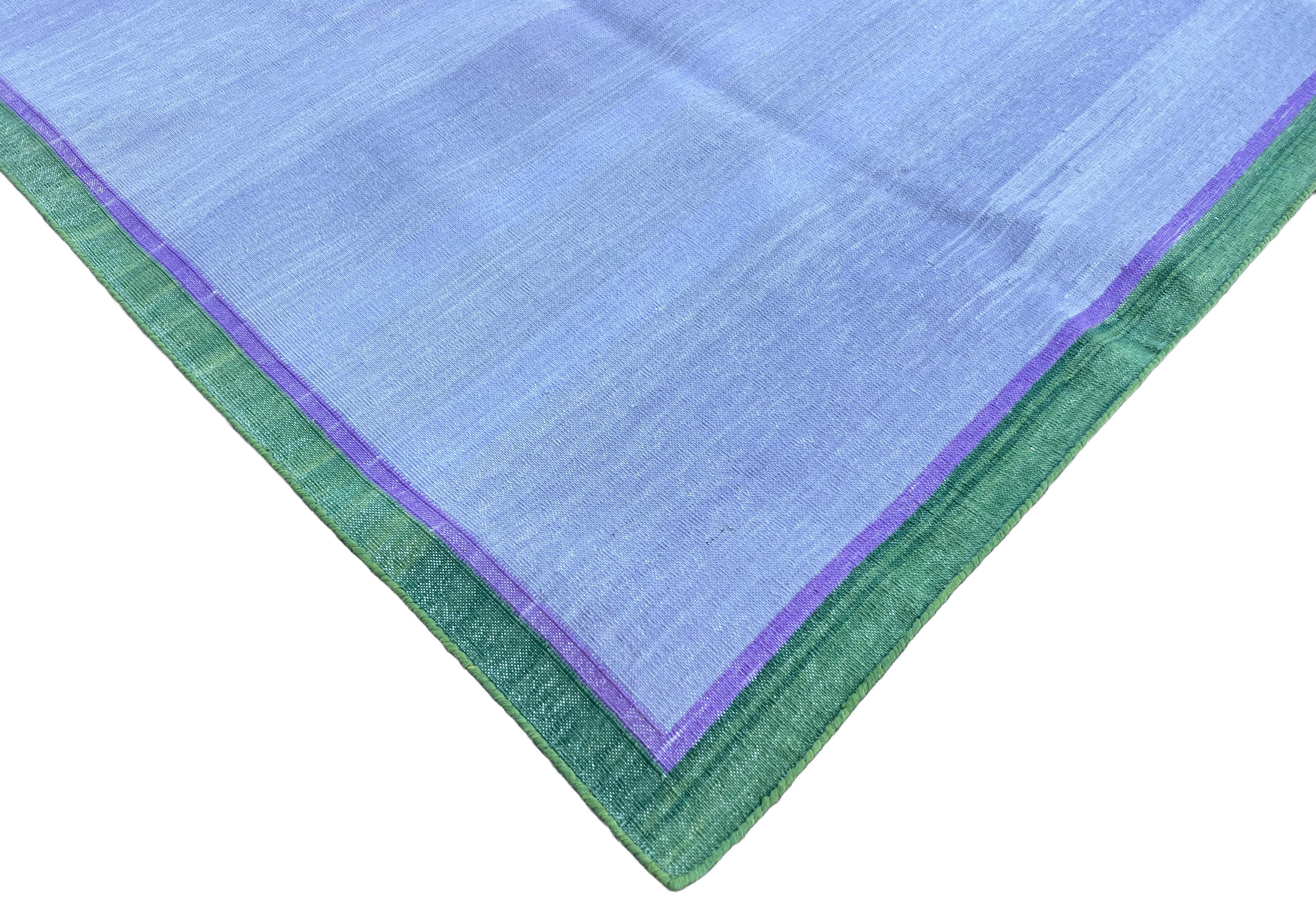 Handmade Cotton Area Flat Weave Rug, 6x9 Lavender, Green Border Indian Dhurrie For Sale 5