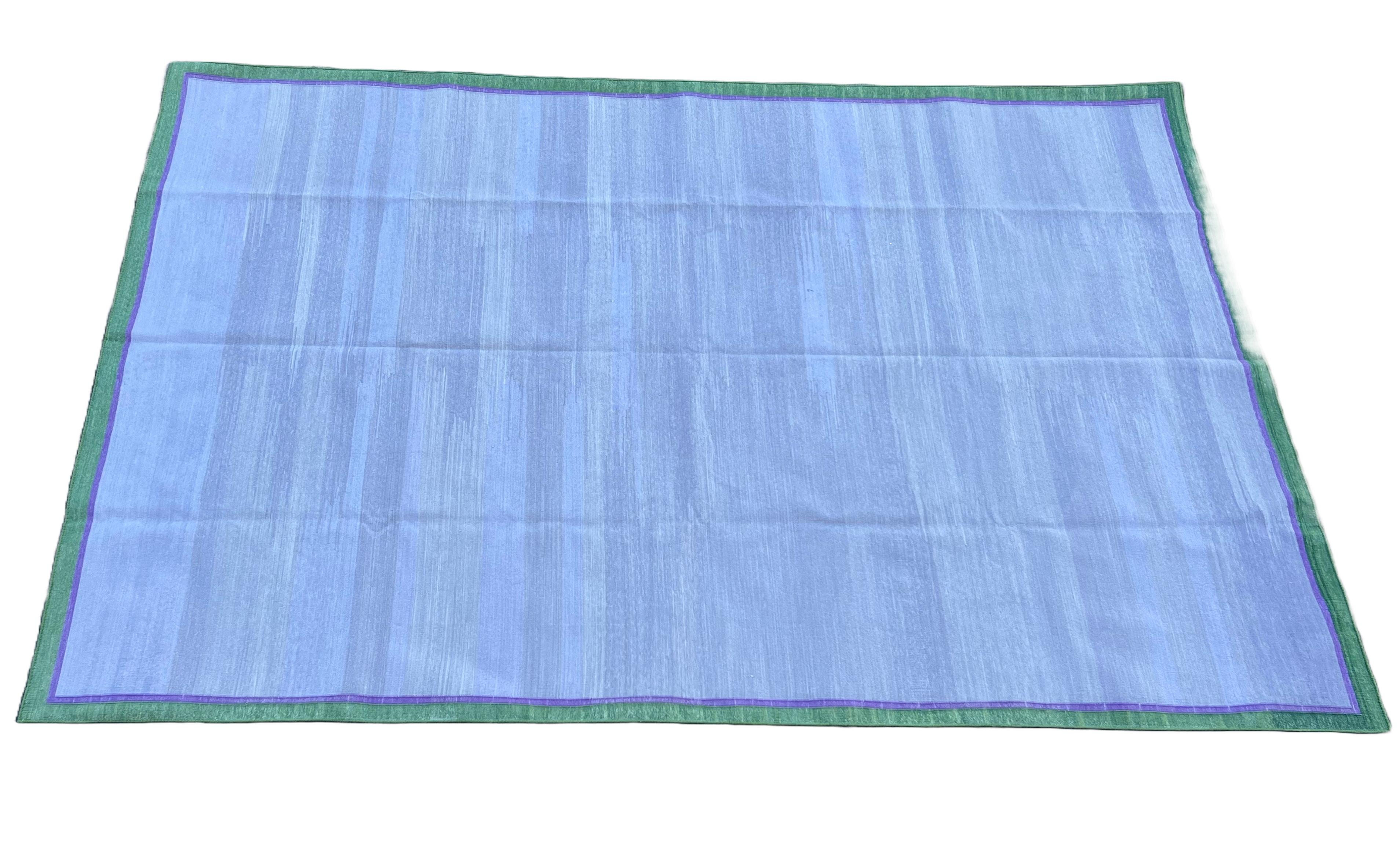 Mid-Century Modern Handmade Cotton Area Flat Weave Rug, 6x9 Lavender, Green Border Indian Dhurrie For Sale