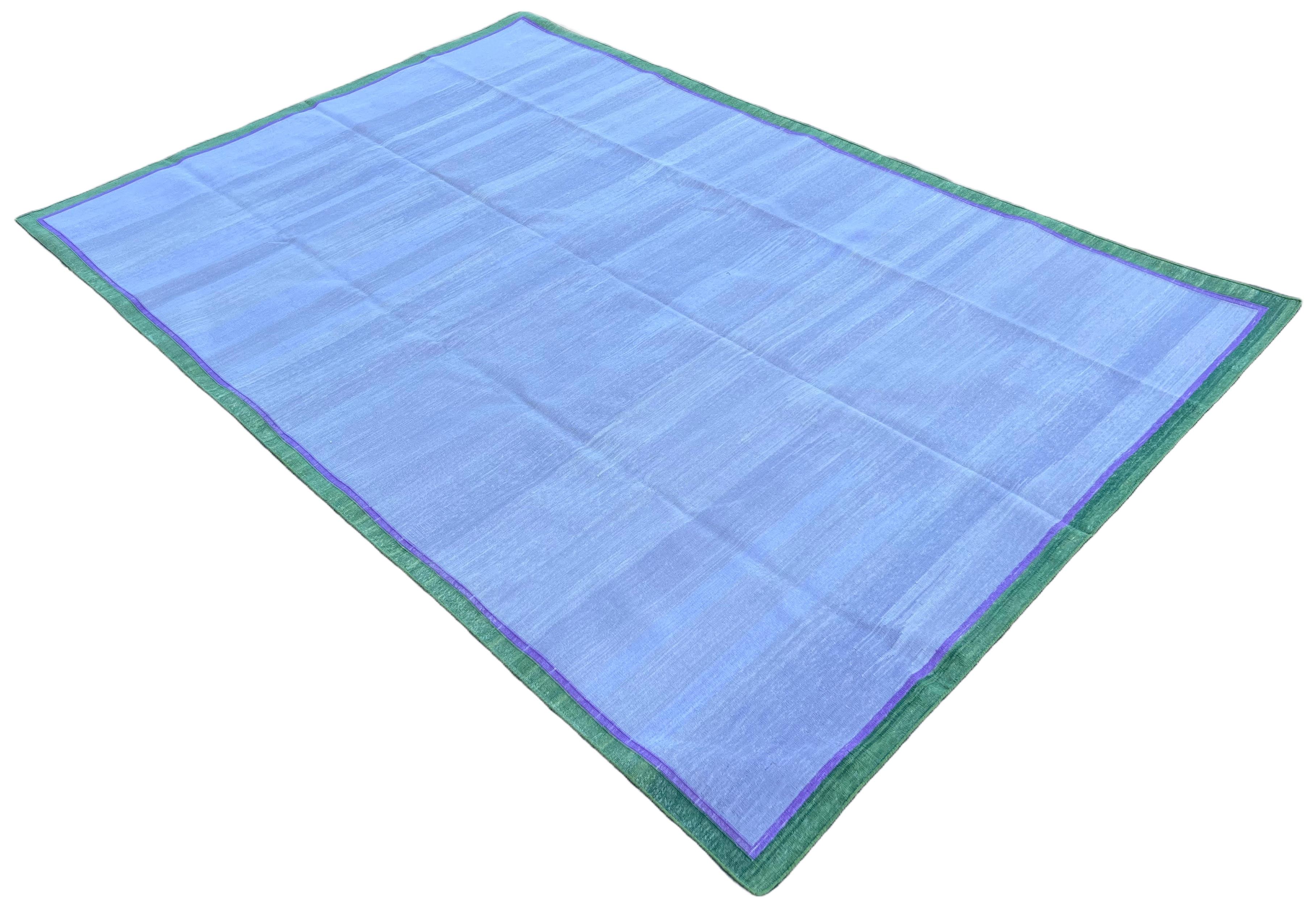 Hand-Woven Handmade Cotton Area Flat Weave Rug, 6x9 Lavender, Green Border Indian Dhurrie For Sale