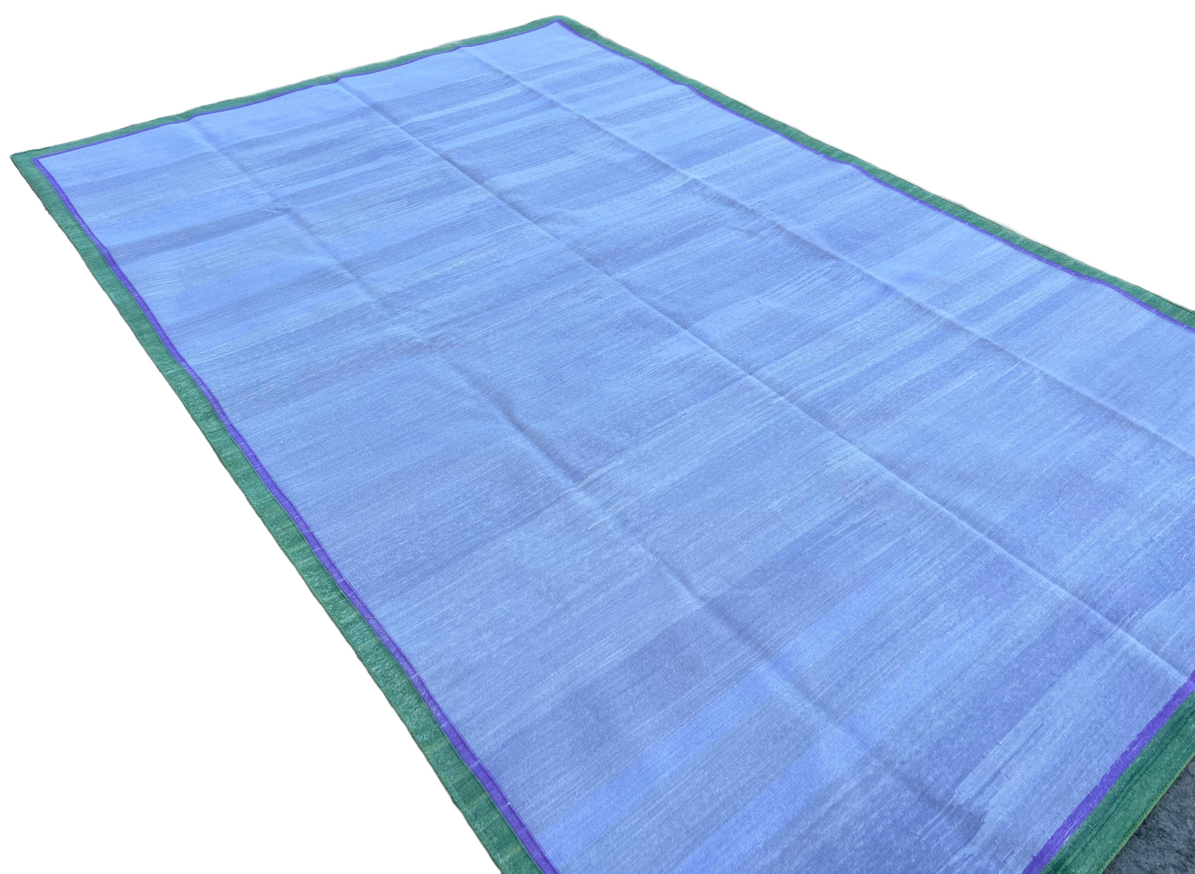 Contemporary Handmade Cotton Area Flat Weave Rug, 6x9 Lavender, Green Border Indian Dhurrie For Sale
