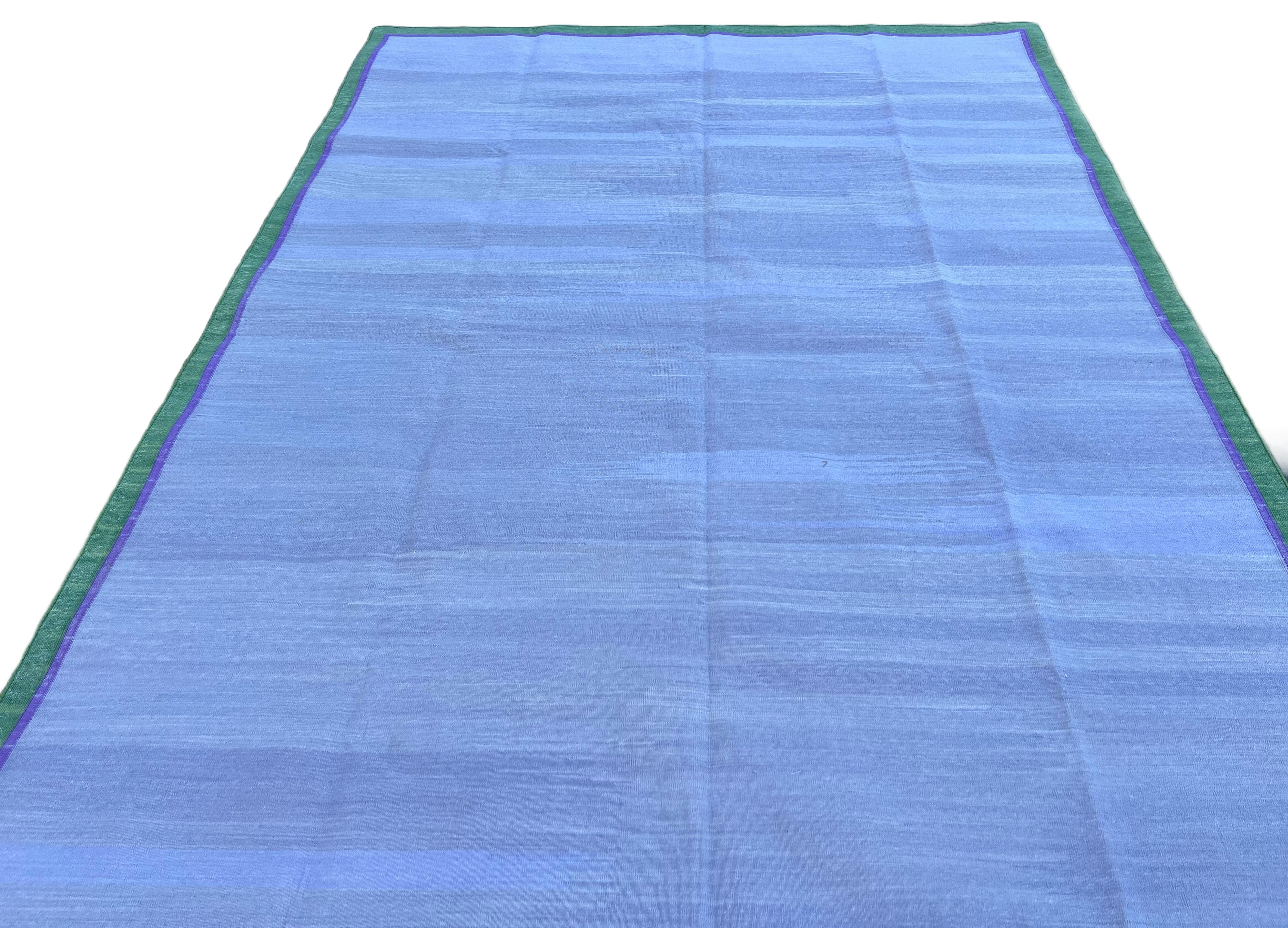 Handmade Cotton Area Flat Weave Rug, 6x9 Lavender, Green Border Indian Dhurrie For Sale 2
