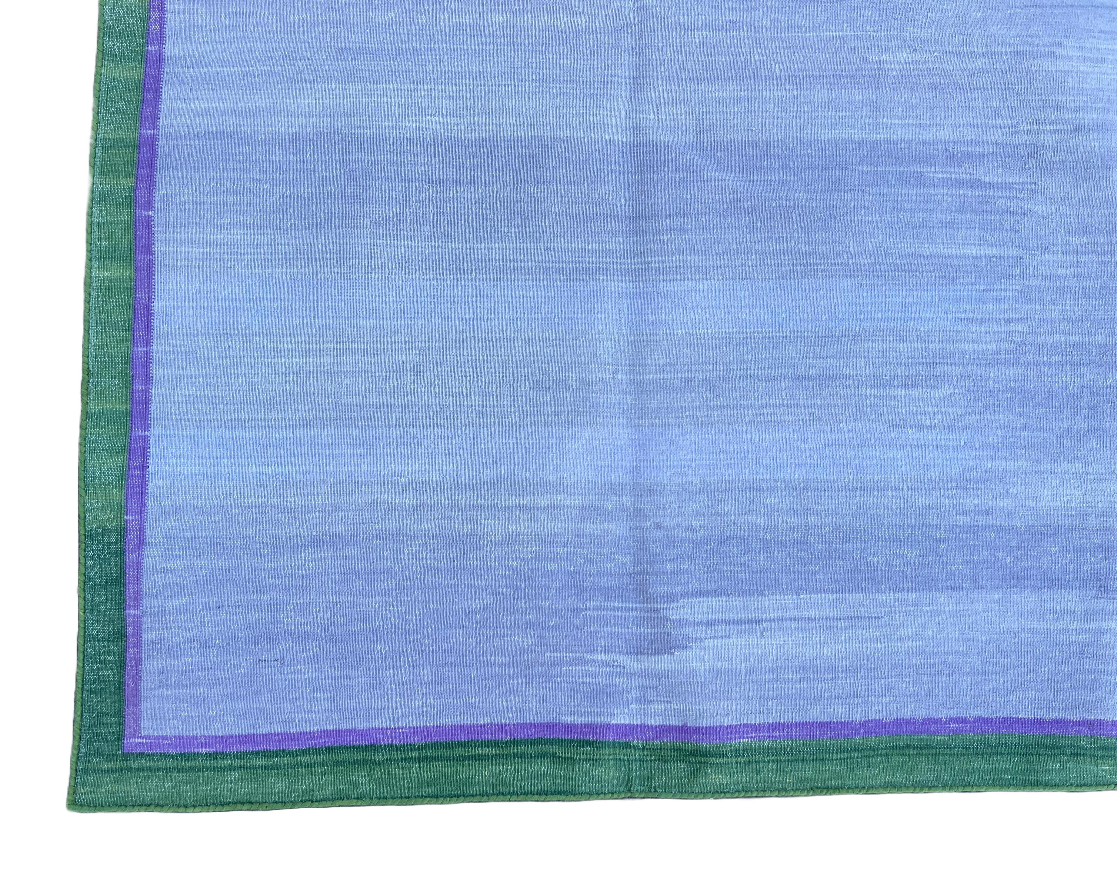 Handmade Cotton Area Flat Weave Rug, 6x9 Lavender, Green Border Indian Dhurrie For Sale 3