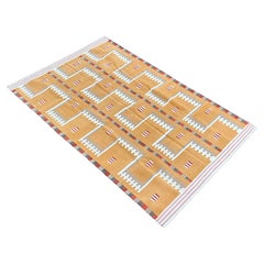Handmade Cotton Area Flat Weave Rug, 6x9 Mustard, Beige Geometric Indian Dhurrie