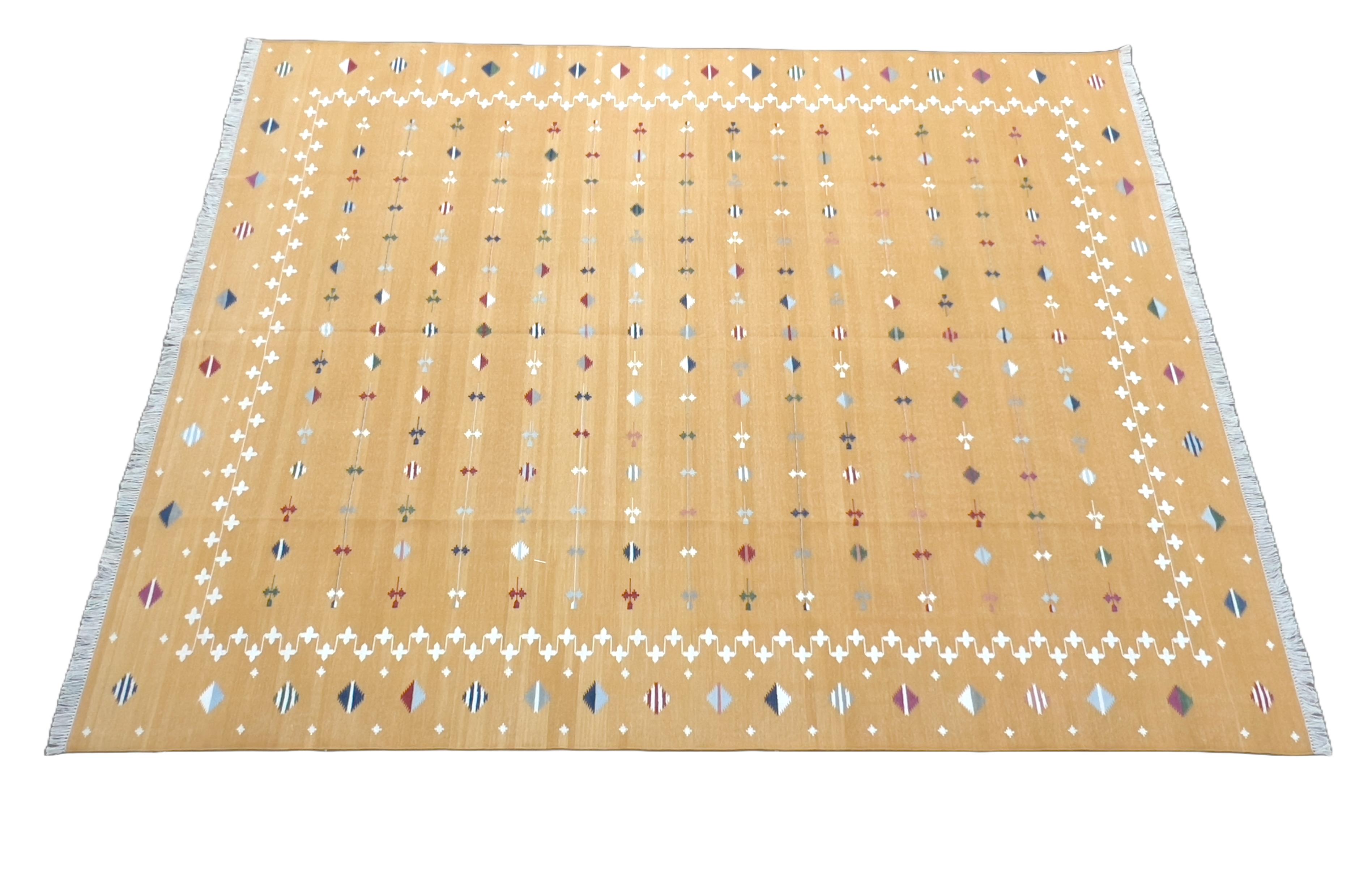 Hand-Woven Handmade Cotton Area Flat Weave Rug, 6x9 Mustard Indian Shooting Star Dhurrie For Sale