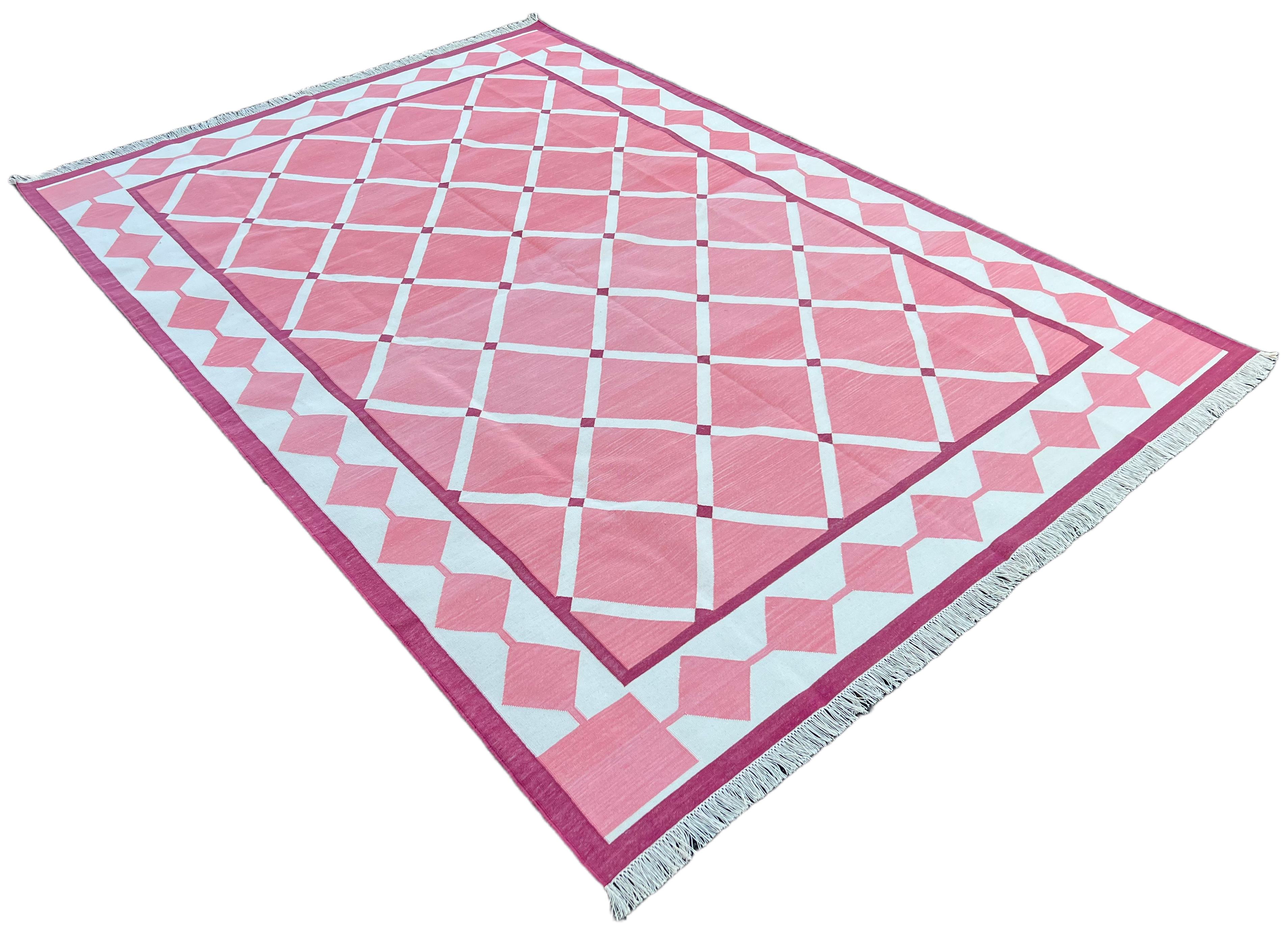 Cotton Vegetable Dyed Olive Pink And White Geometric Indian Dhurrie Rug-6'x9' 
These special flat-weave dhurries are hand-woven with 15 ply 100% cotton yarn. Due to the special manufacturing techniques used to create our rugs, the size and color of