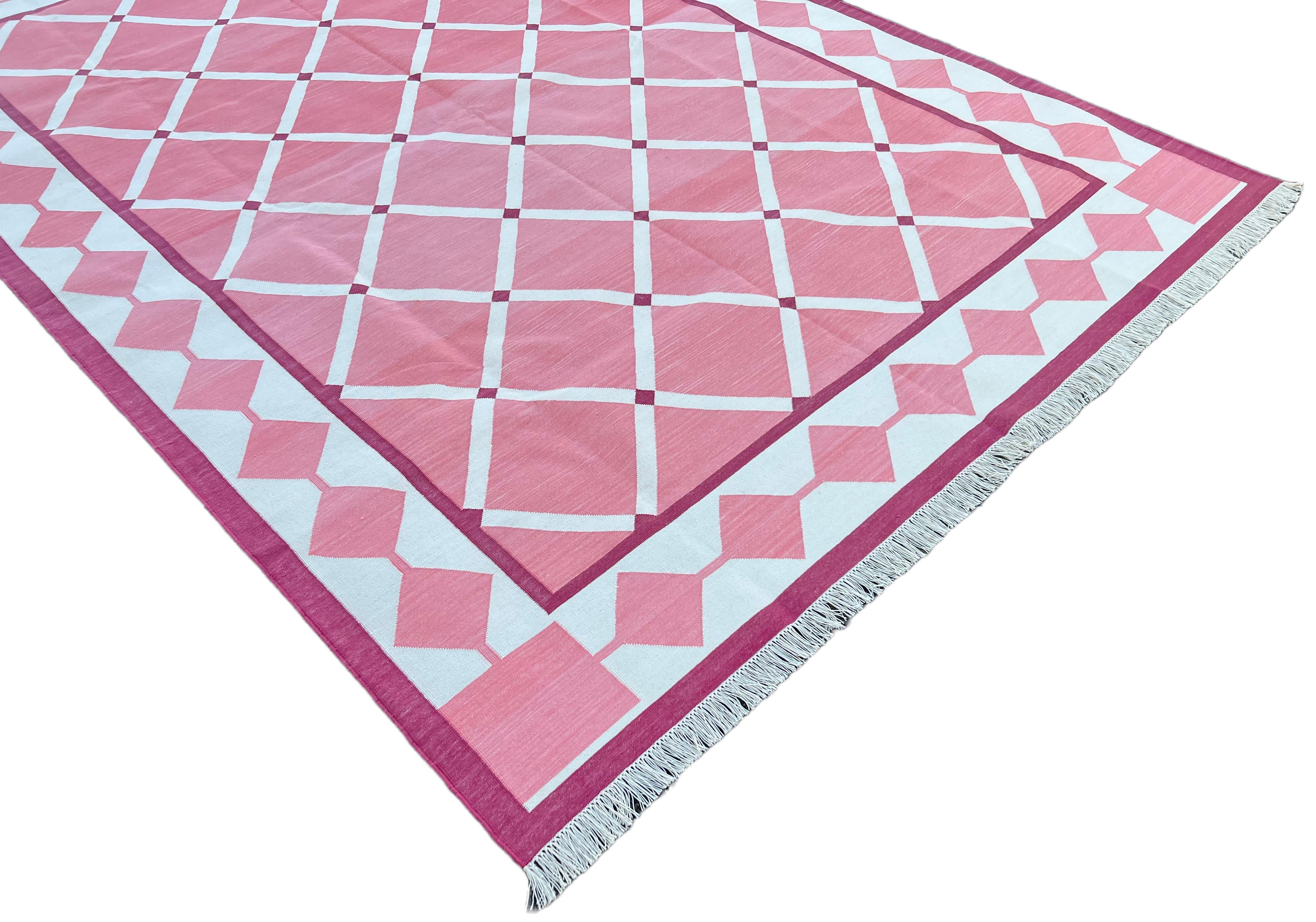 Hand-Woven Handmade Cotton Area Flat Weave Rug, 6x9 Pink And White Geometric Indian Dhurrie For Sale