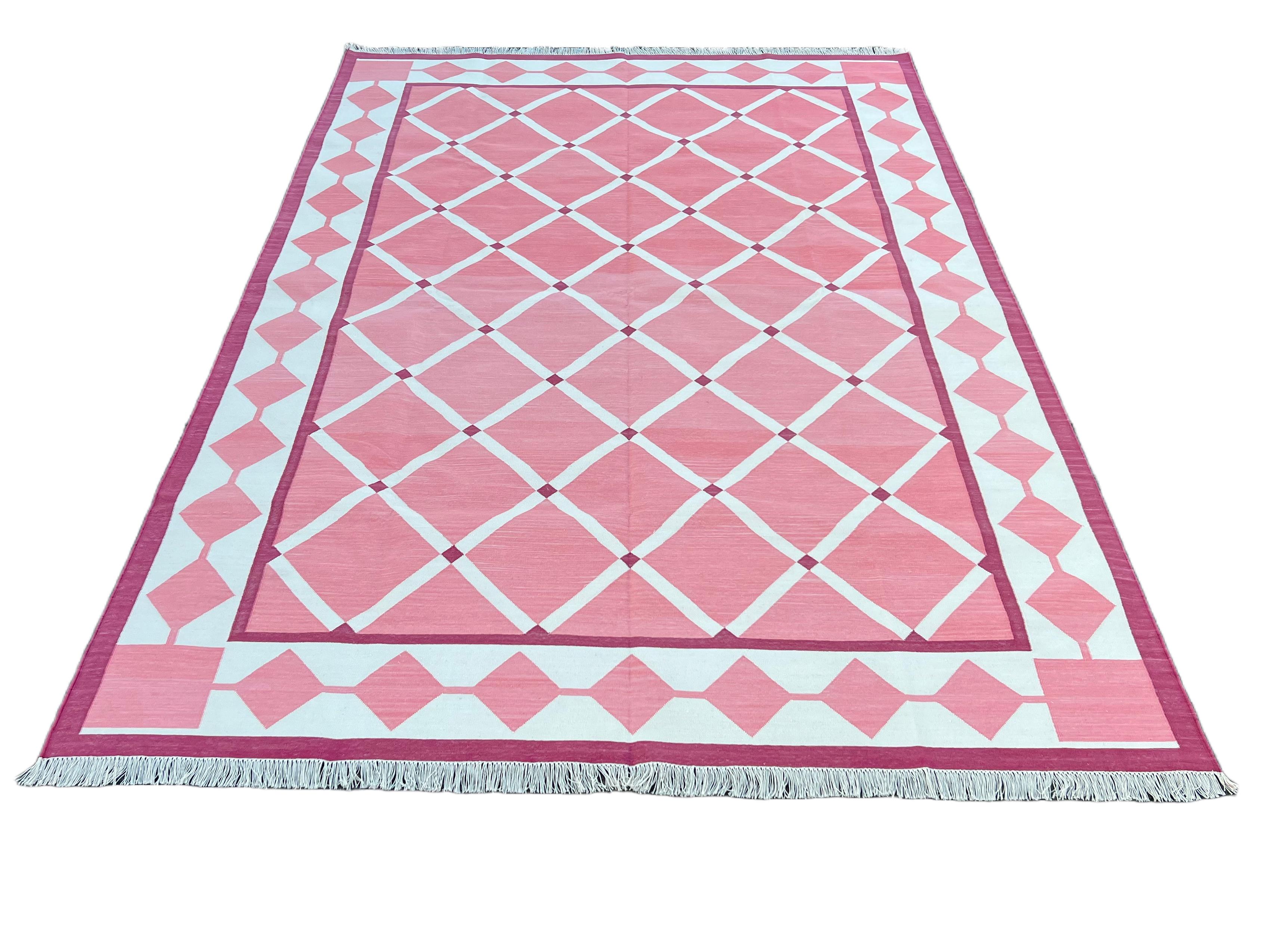 Contemporary Handmade Cotton Area Flat Weave Rug, 6x9 Pink And White Geometric Indian Dhurrie For Sale