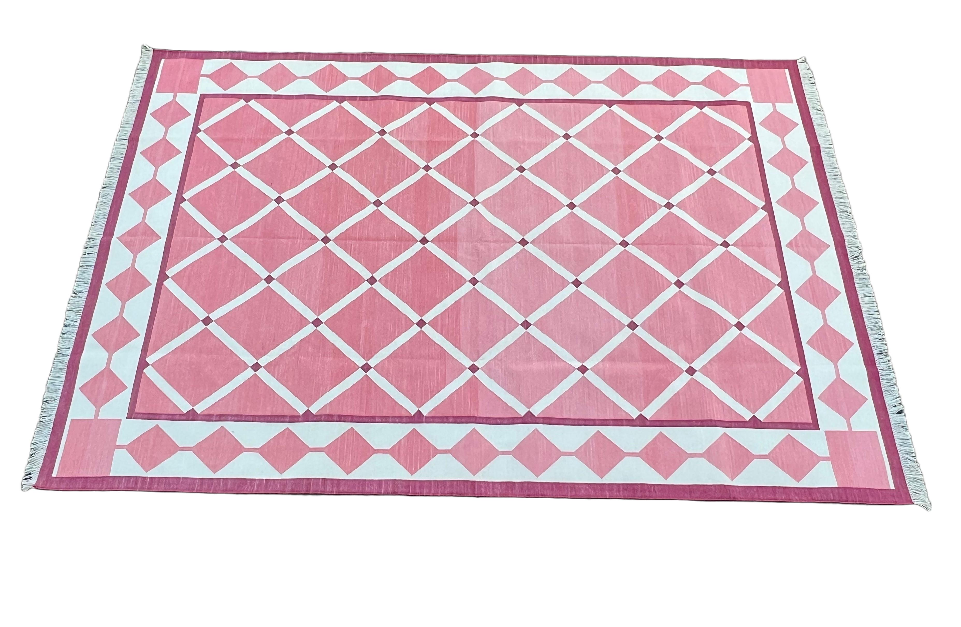 Handmade Cotton Area Flat Weave Rug, 6x9 Pink And White Geometric Indian Dhurrie For Sale 3