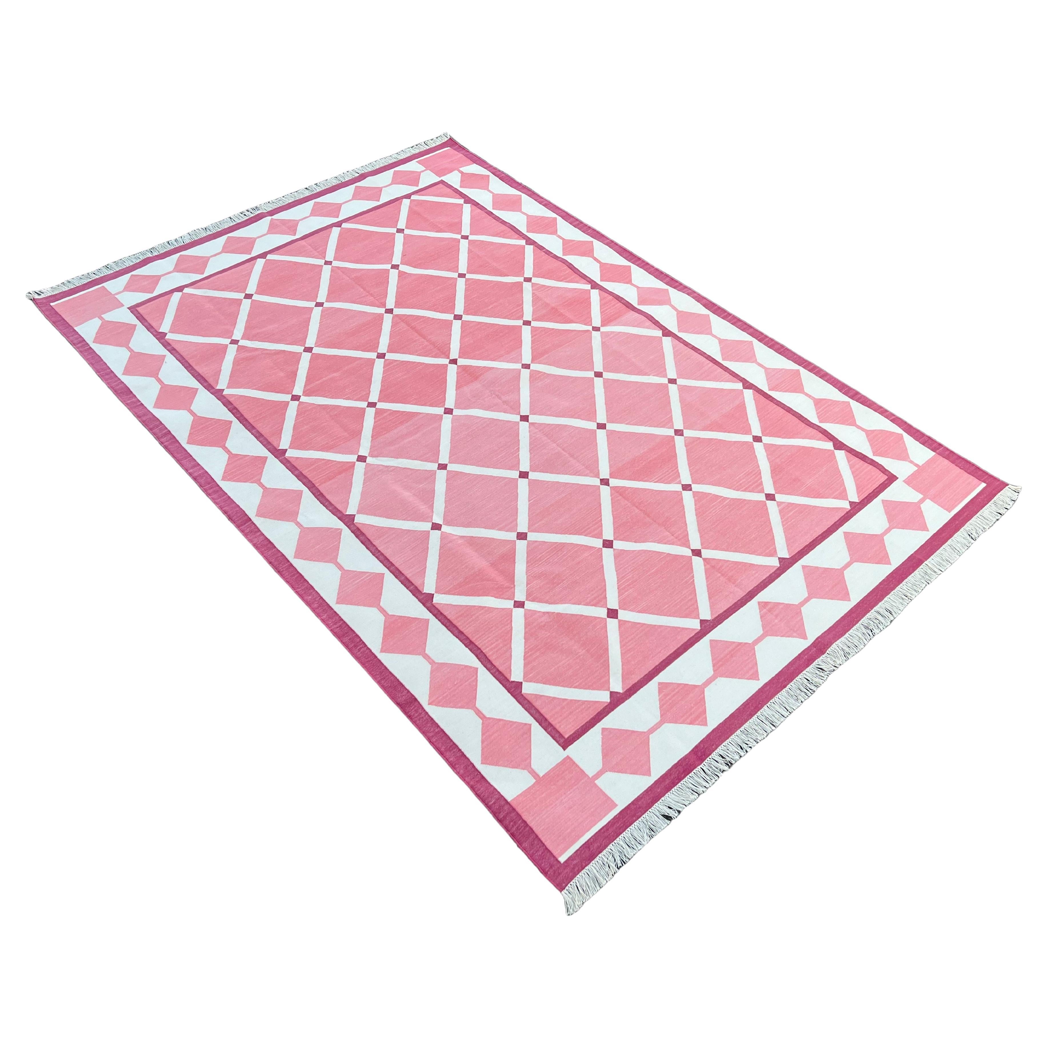 Handmade Cotton Area Flat Weave Rug, 6x9 Pink And White Geometric Indian Dhurrie For Sale