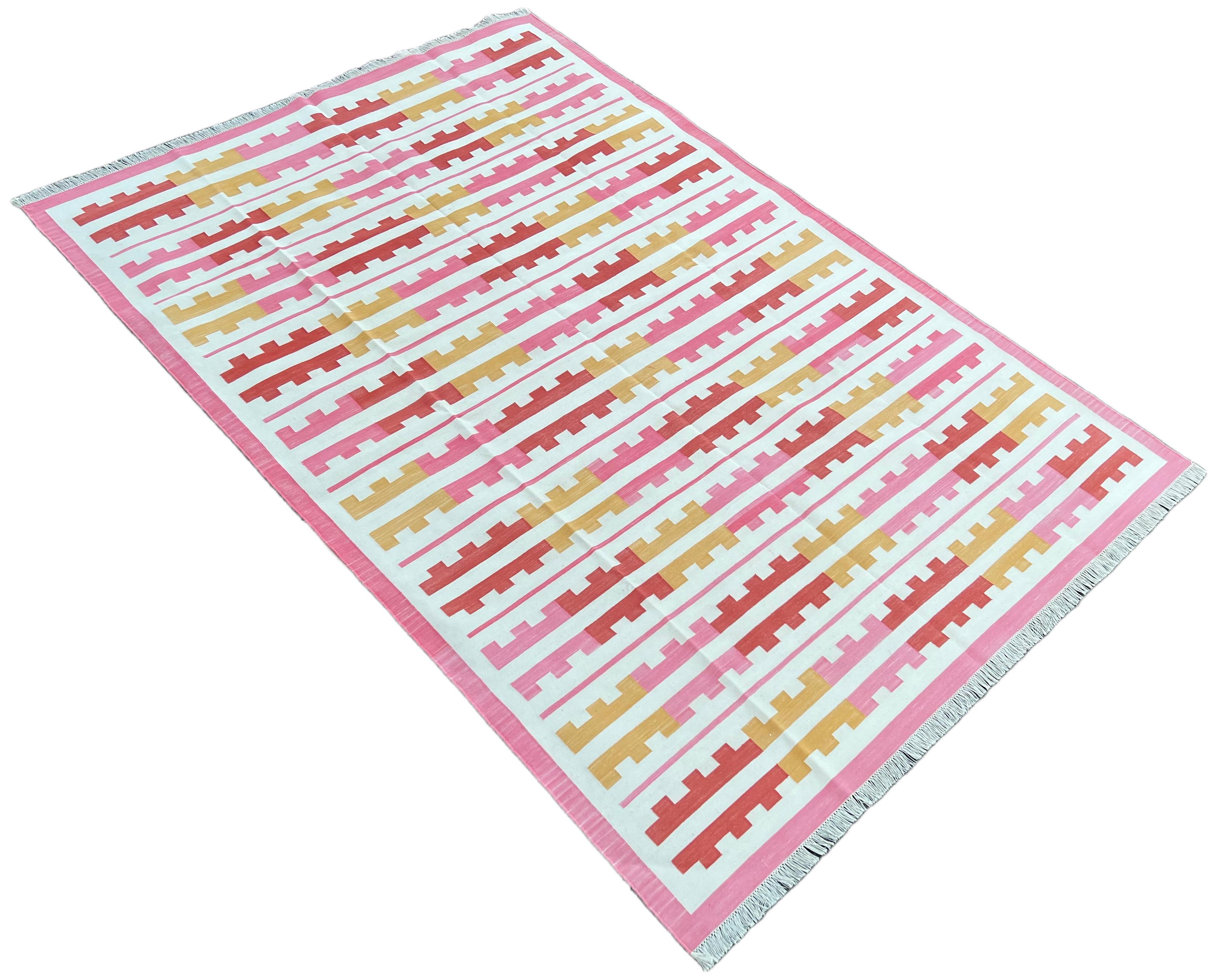 Handmade Cotton Area Flat Weave Rug, 6x9 Pink And Yellow Striped Indian Dhurrie For Sale 4