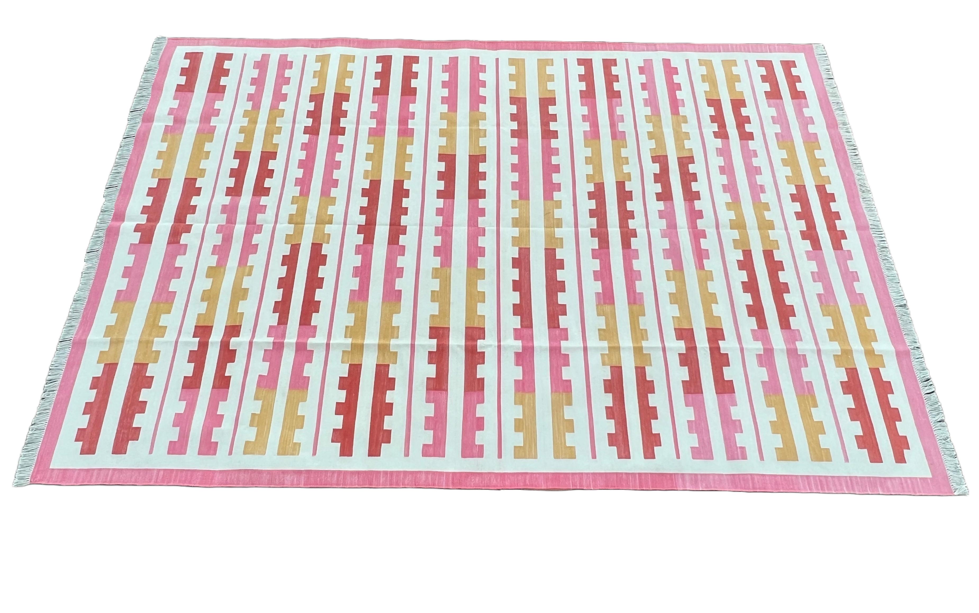 Handmade Cotton Area Flat Weave Rug, 6x9 Pink And Yellow Striped Indian Dhurrie For Sale 5