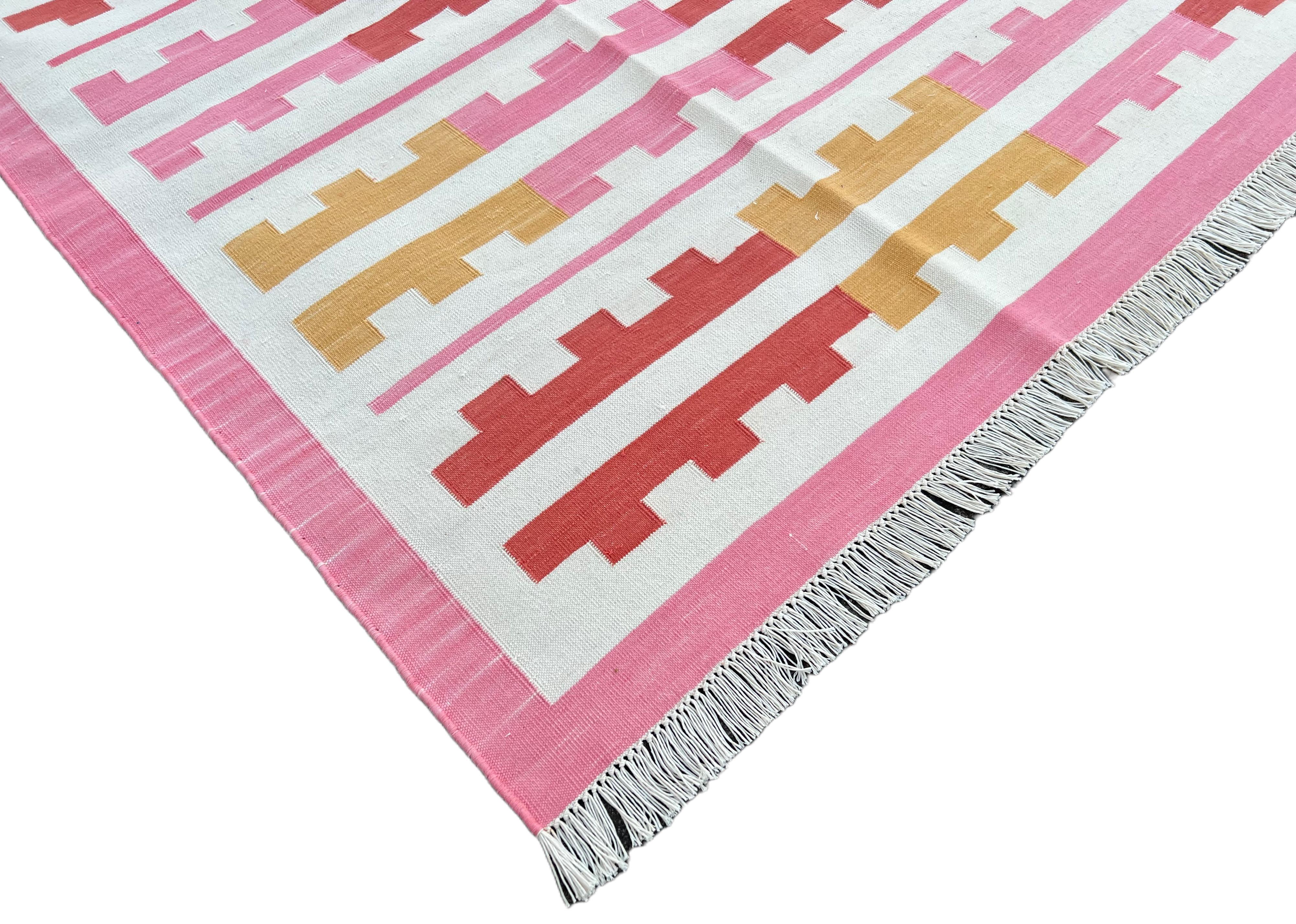 Mid-Century Modern Handmade Cotton Area Flat Weave Rug, 6x9 Pink And Yellow Striped Indian Dhurrie For Sale