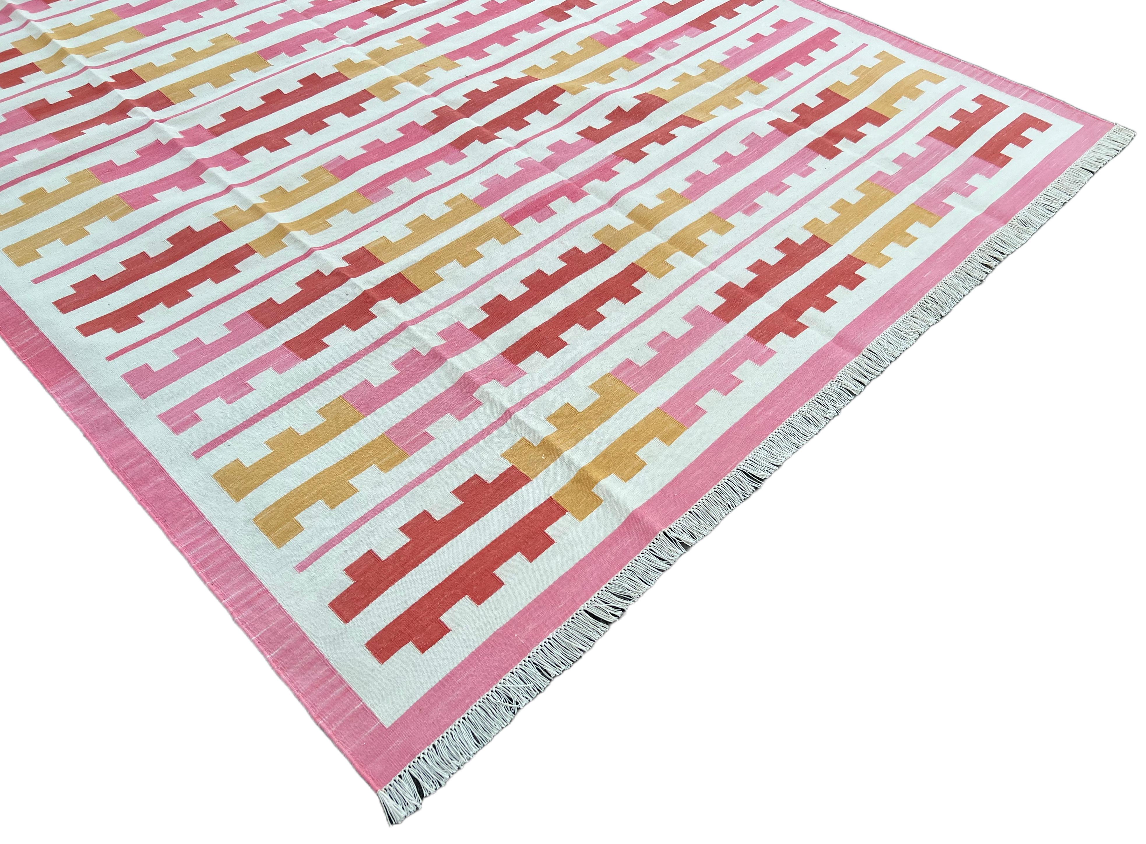 Hand-Woven Handmade Cotton Area Flat Weave Rug, 6x9 Pink And Yellow Striped Indian Dhurrie For Sale