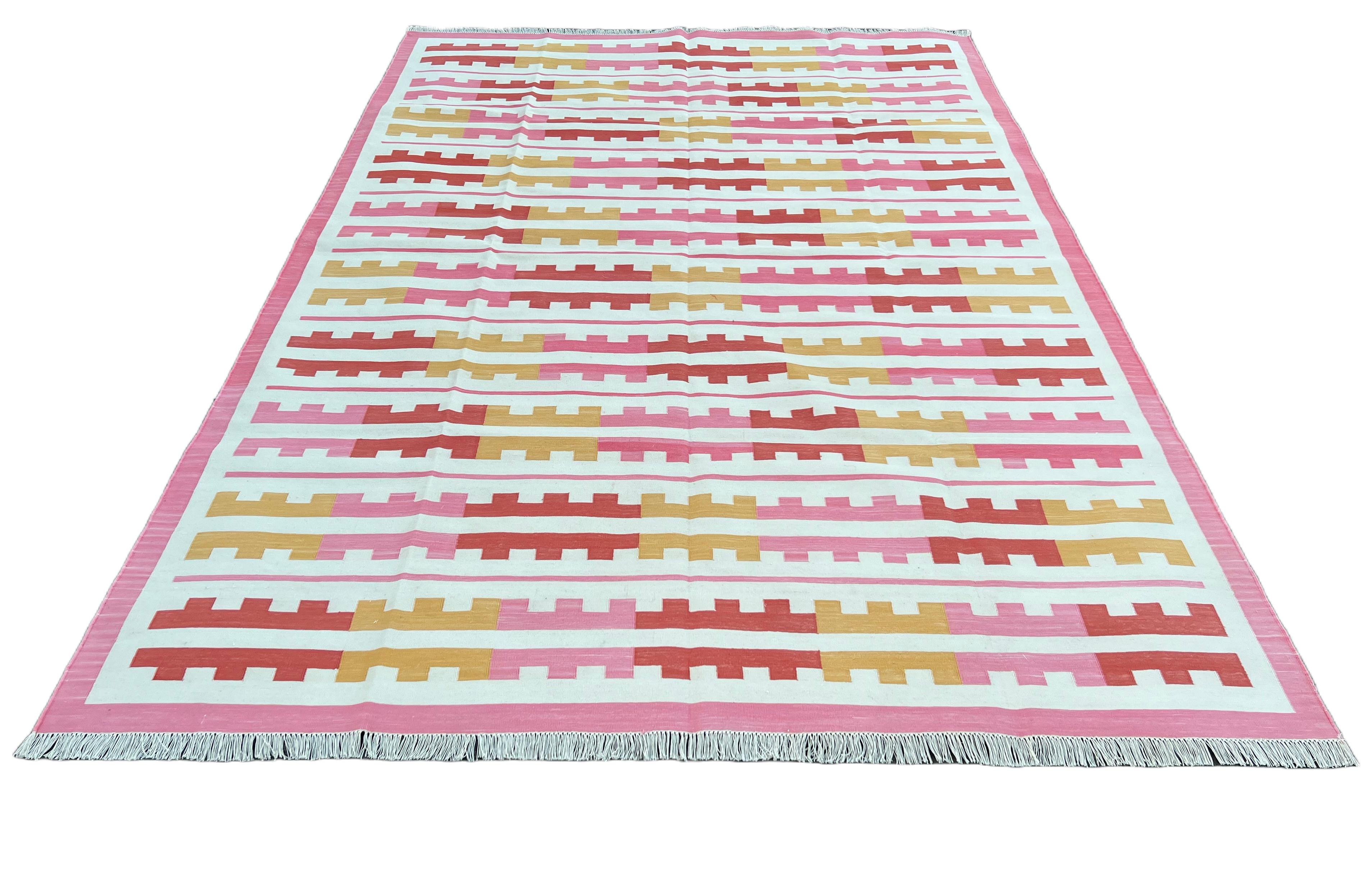 Contemporary Handmade Cotton Area Flat Weave Rug, 6x9 Pink And Yellow Striped Indian Dhurrie For Sale