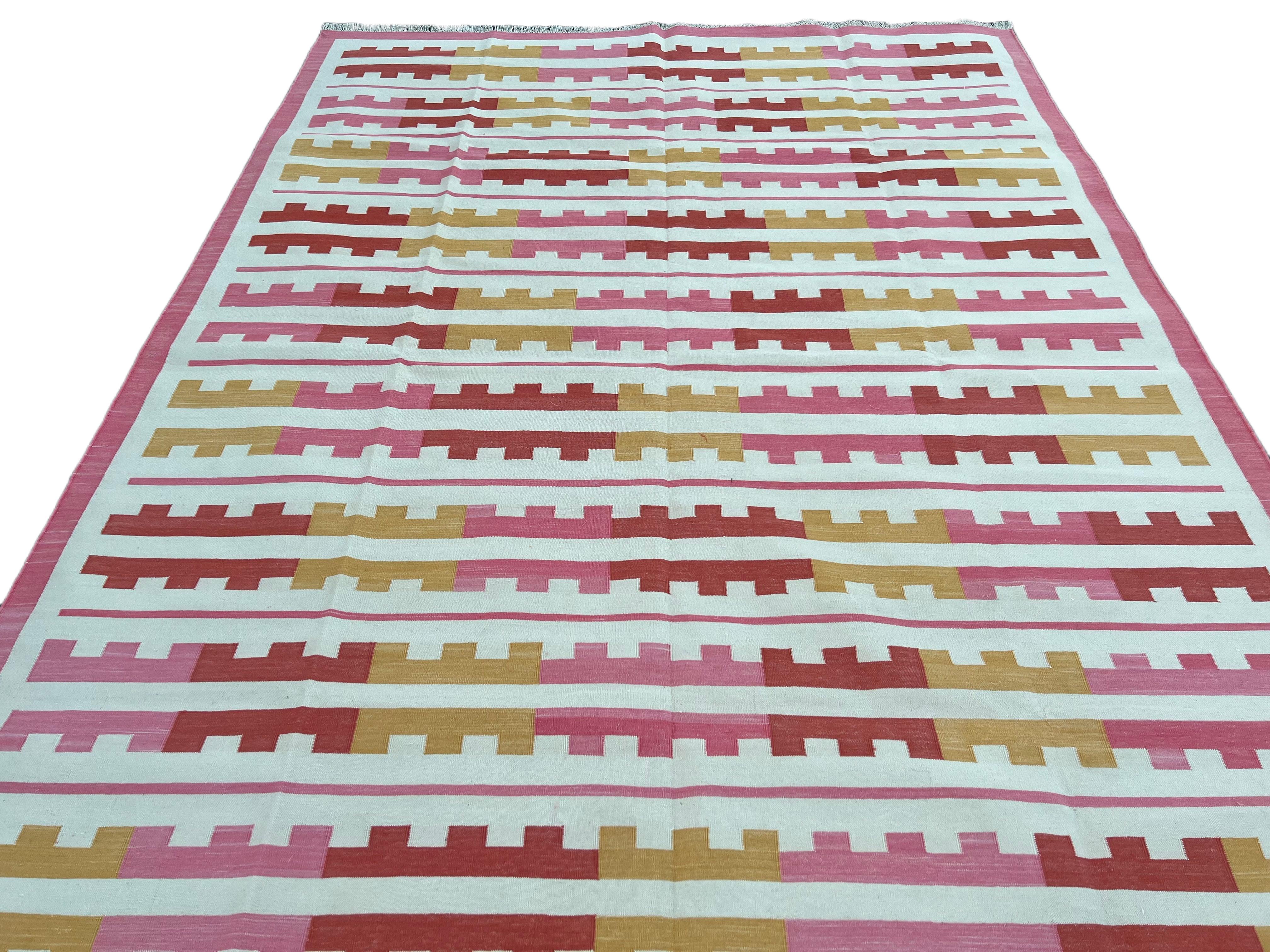 Handmade Cotton Area Flat Weave Rug, 6x9 Pink And Yellow Striped Indian Dhurrie For Sale 1