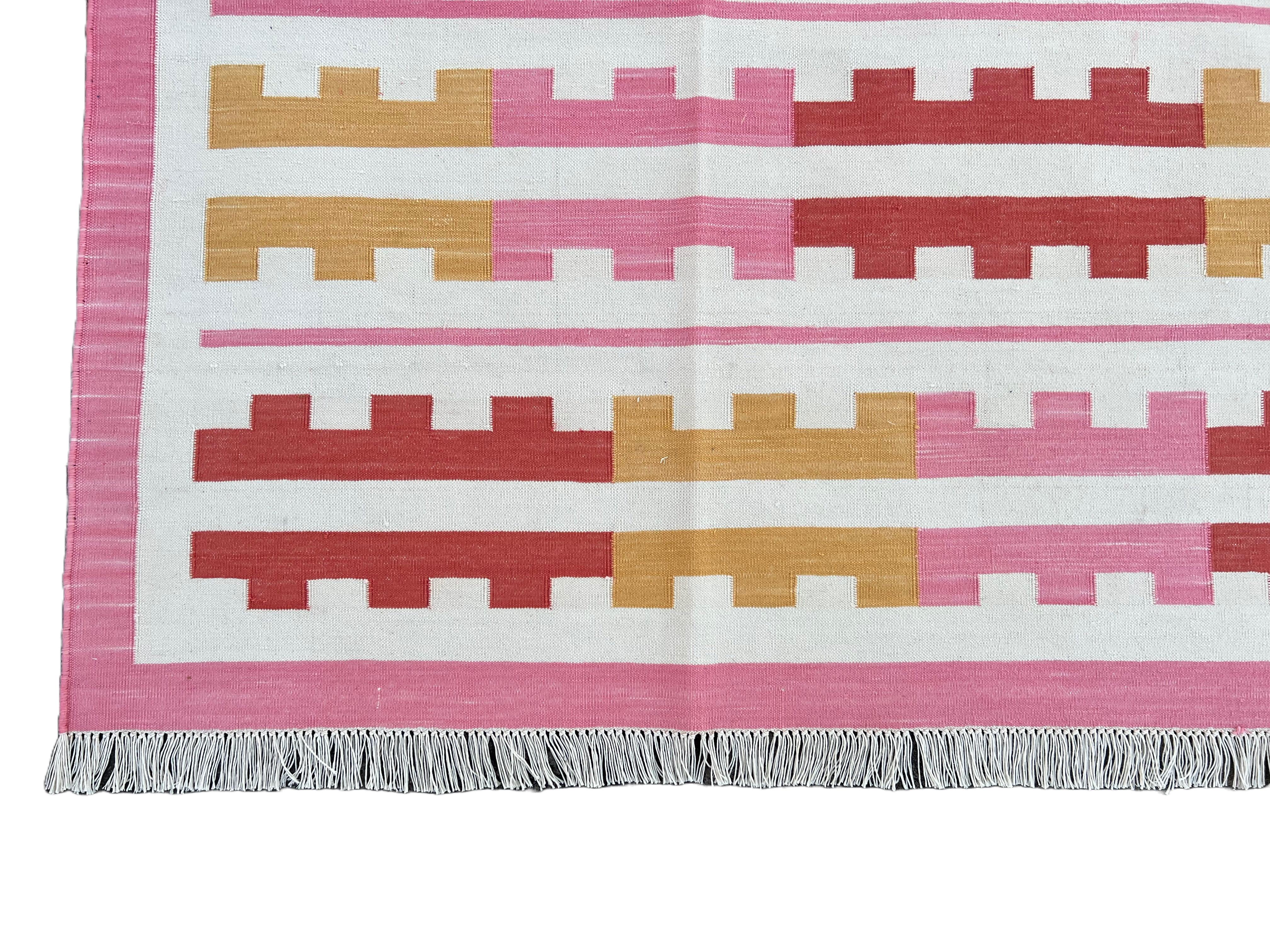 Handmade Cotton Area Flat Weave Rug, 6x9 Pink And Yellow Striped Indian Dhurrie For Sale 2