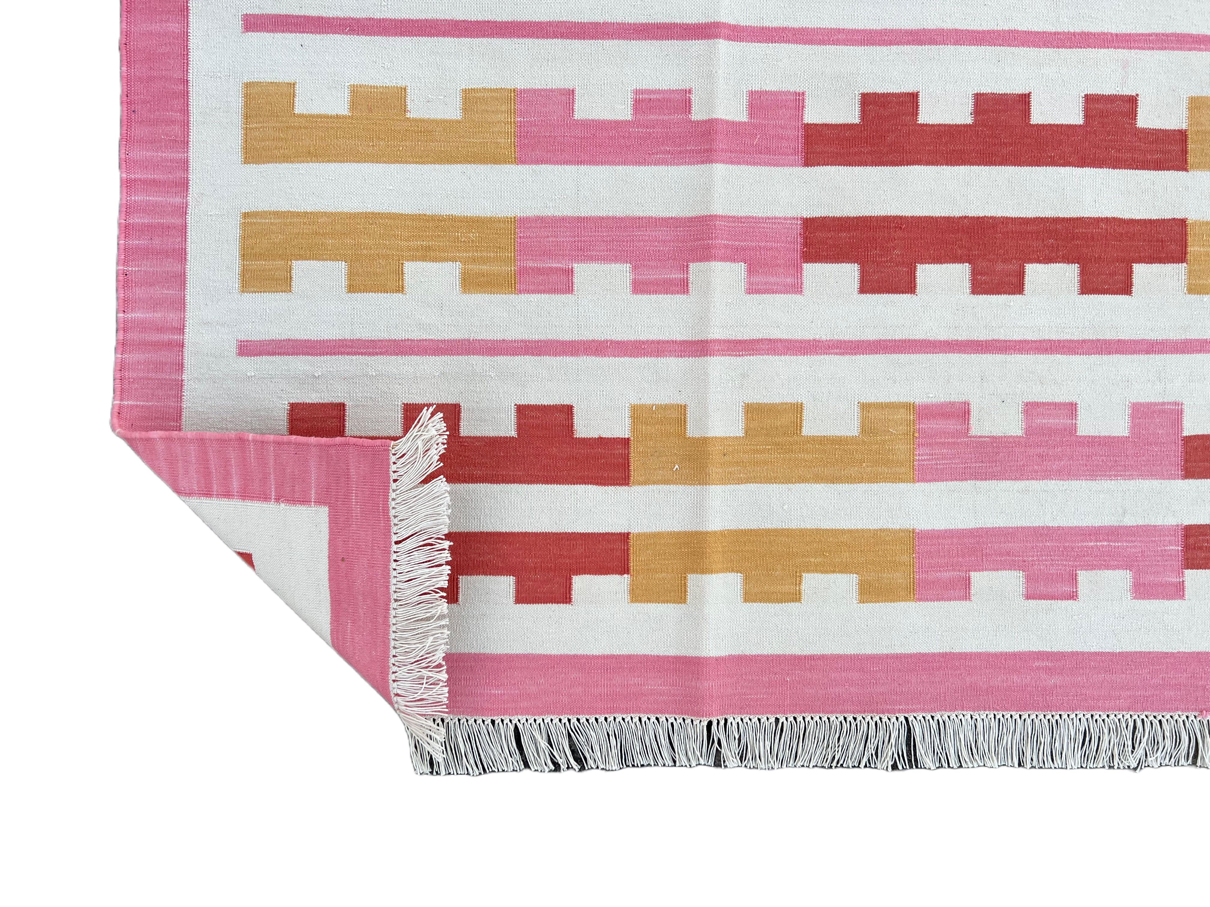 Handmade Cotton Area Flat Weave Rug, 6x9 Pink And Yellow Striped Indian Dhurrie For Sale 3