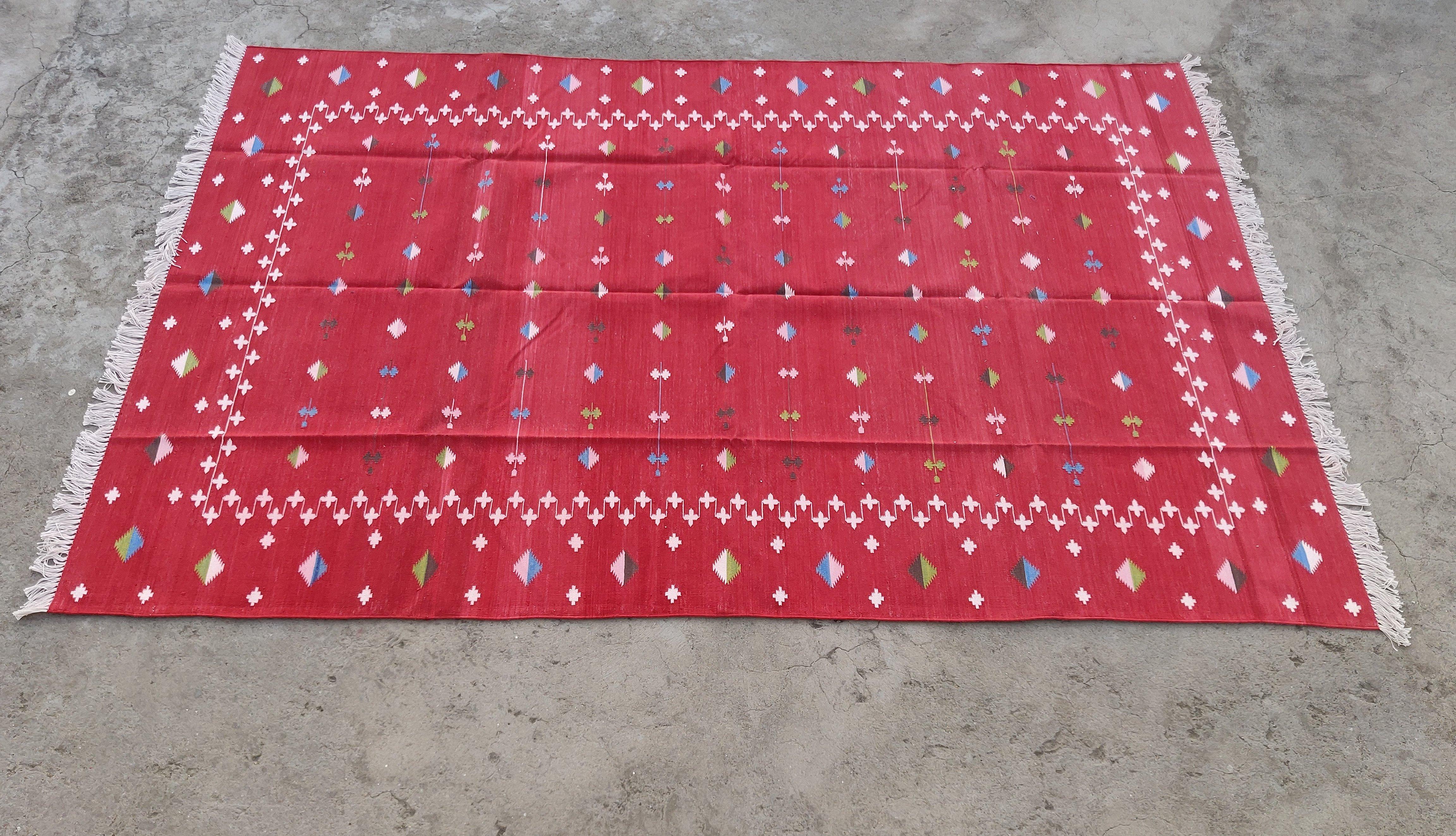 Tappeto a tessitura piatta in cotone fatto a mano, 6x9 Stella cadente rossa e bianca Dhurrie in vendita 2