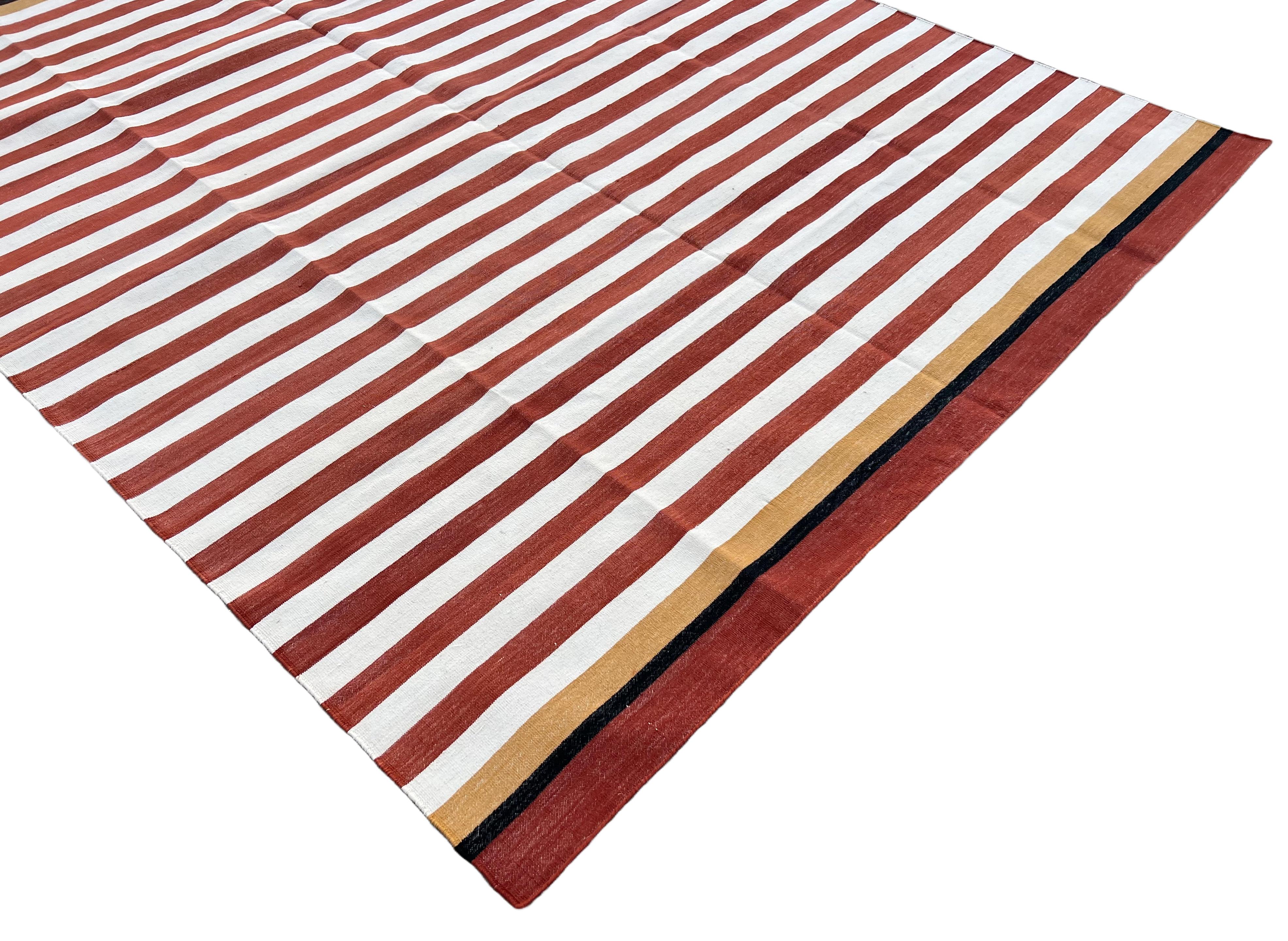 Hand-Woven Handmade Cotton Area Flat Weave Rug, 6x9 Red And White Stripe Indian Dhurrie Rug For Sale