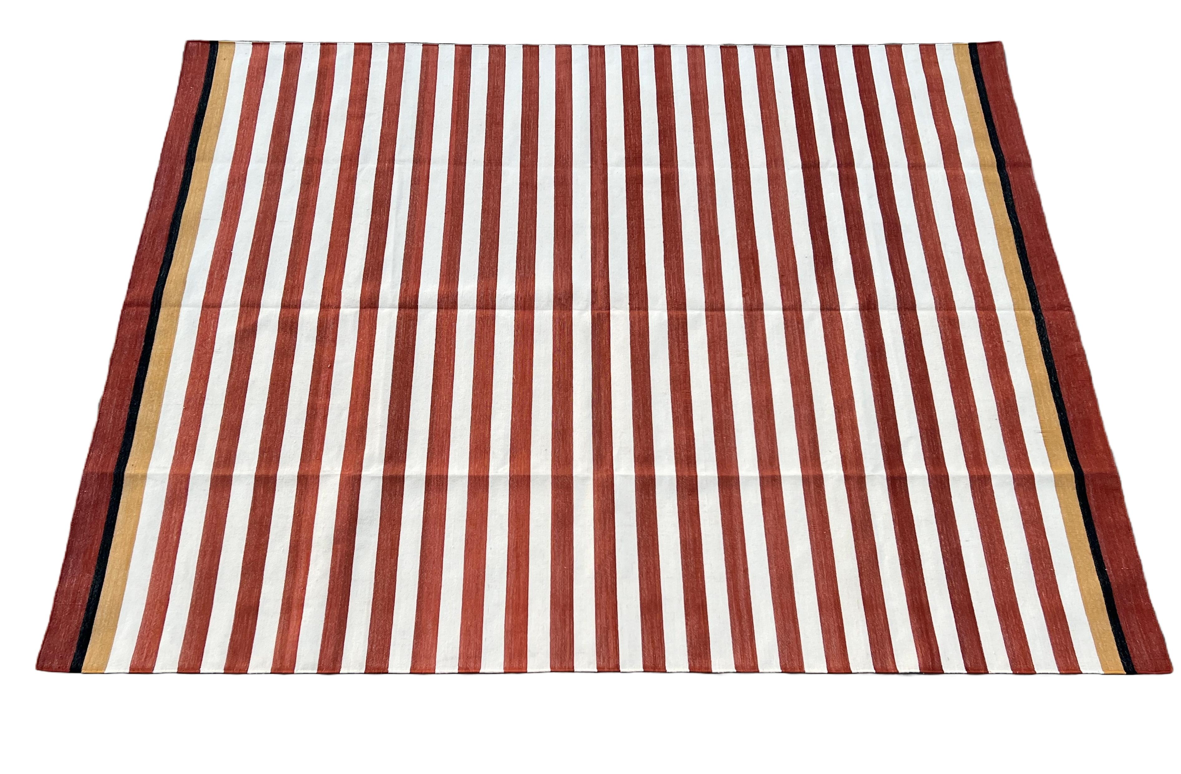 Handmade Cotton Area Flat Weave Rug, 6x9 Red And White Stripe Indian Dhurrie Rug For Sale 2