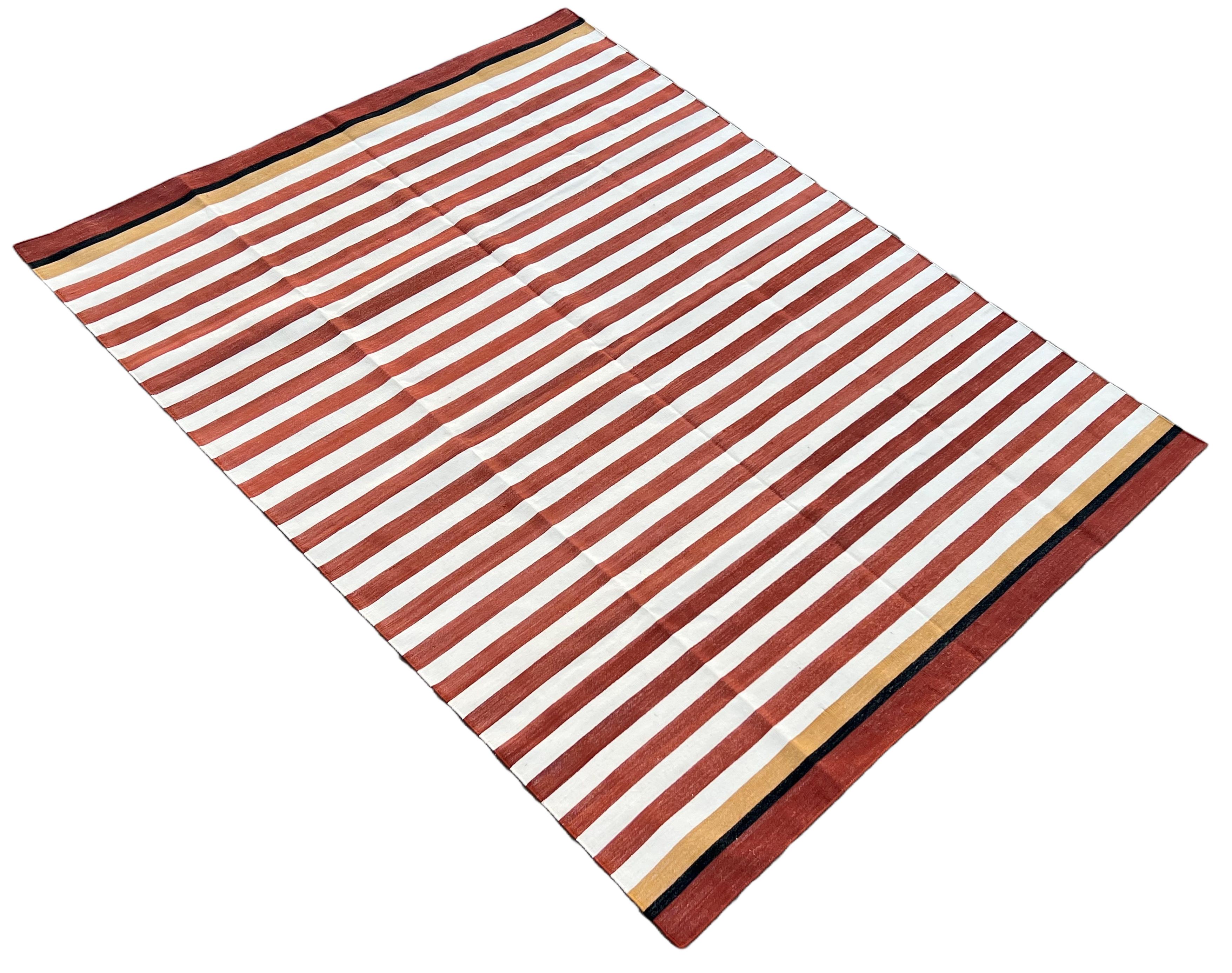Handmade Cotton Area Flat Weave Rug, 6x9 Red And White Stripe Indian Dhurrie Rug For Sale 3