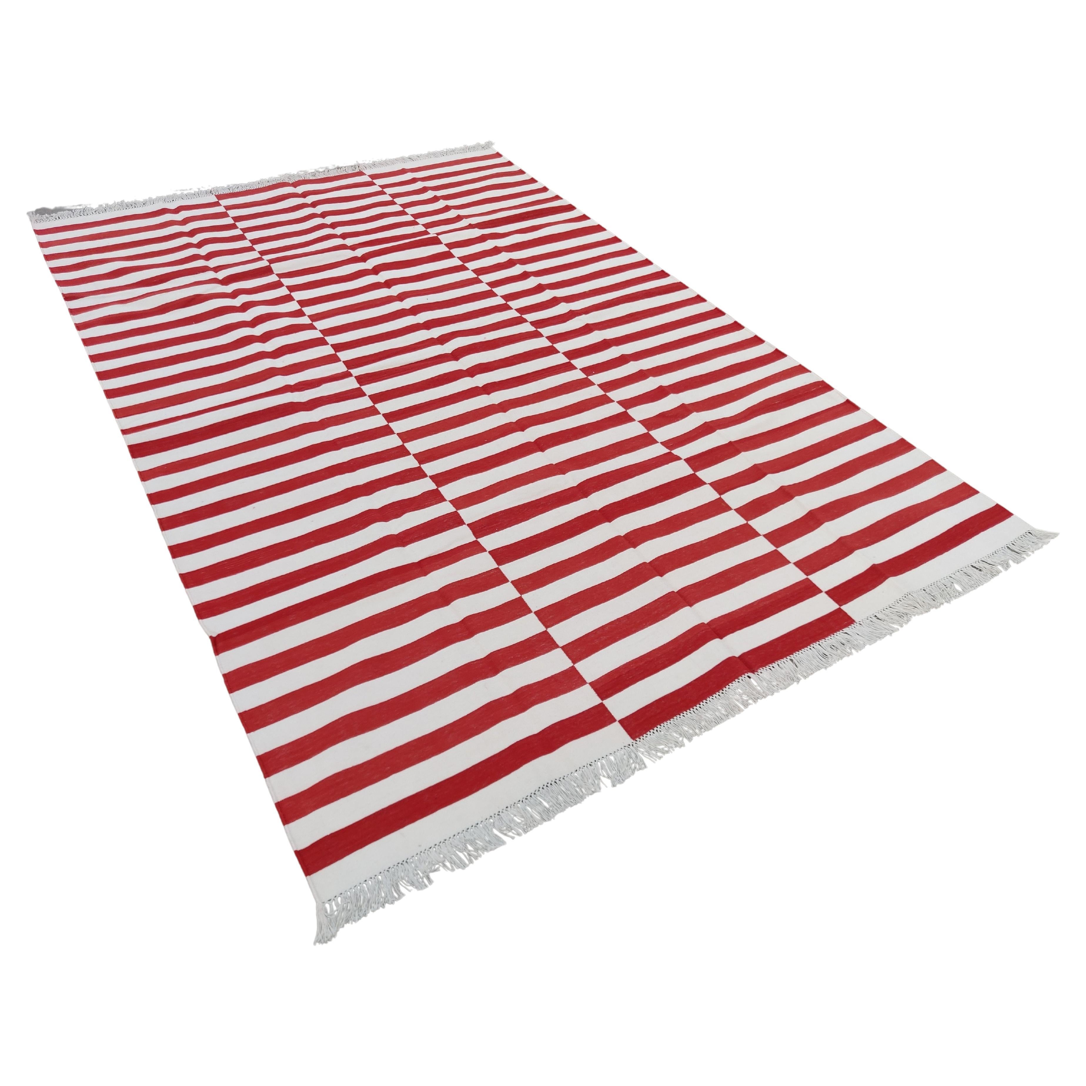 Handmade Cotton Area Flat Weave Rug, 6x9 Red And White Striped Indian Dhurrie For Sale