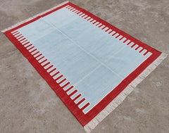 Handmade Cotton Area Flat Weave Rug, 6x9 Sky Blue And Red Striped Indian Dhurrie