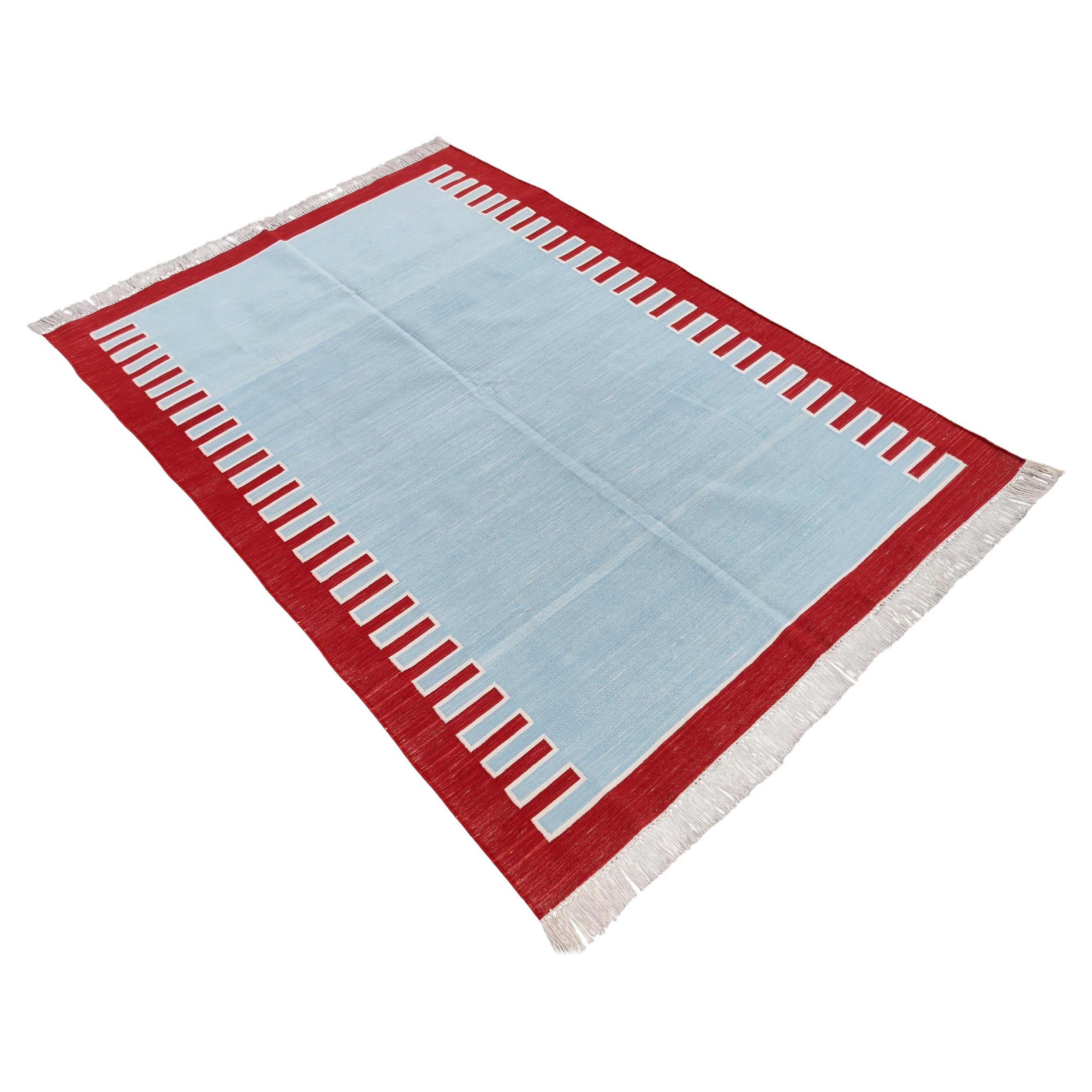 Handmade Cotton Area Flat Weave Rug, 6x9 Sky Blue And Red Striped Indian Dhurrie For Sale