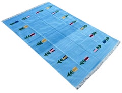 Handmade Cotton Area Flat Weave Rug, 6x9 Sky Blue Leaf Patterned Indian Dhurrie