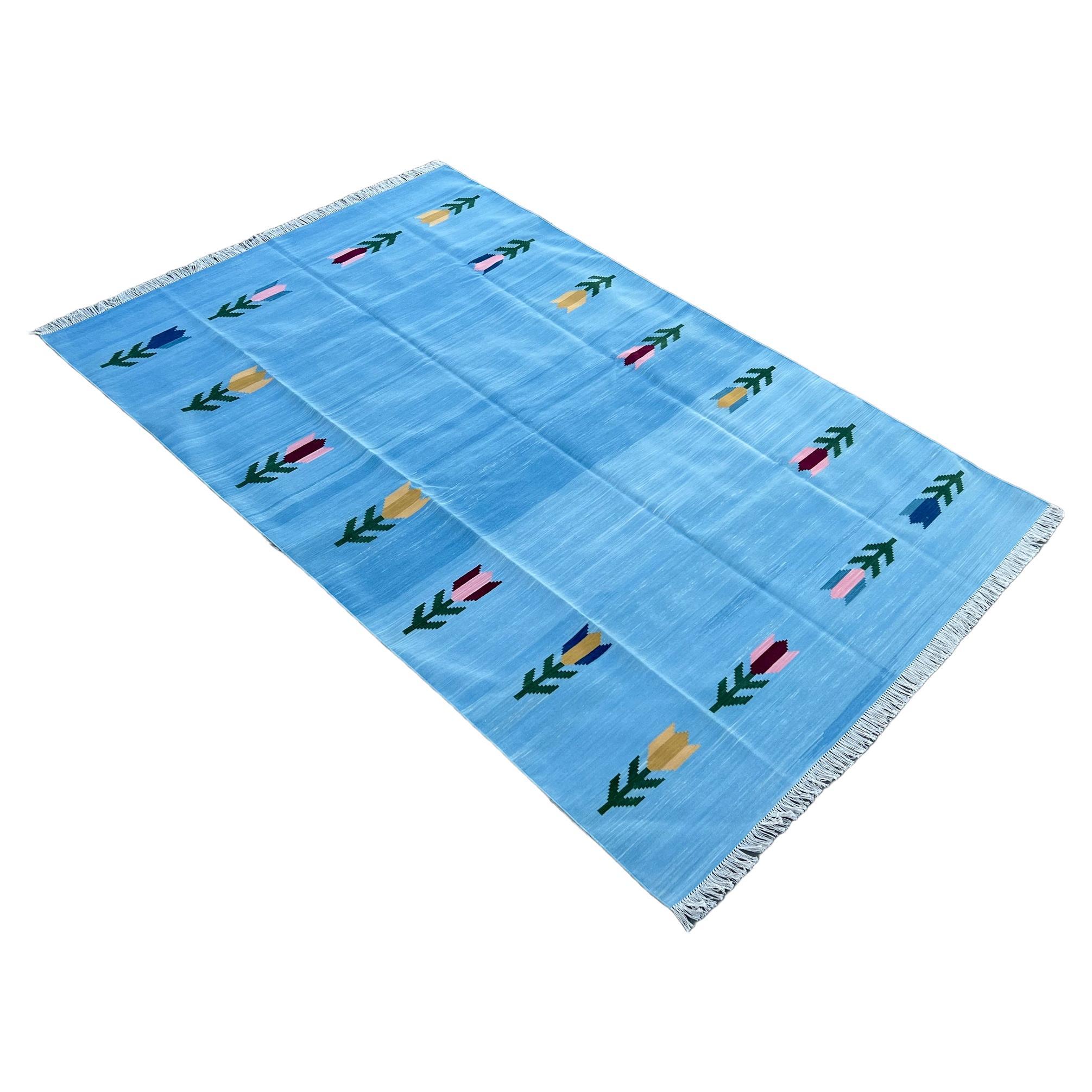 Handmade Cotton Area Flat Weave Rug, 6x9 Sky Blue Leaf Patterned Indian Dhurrie For Sale