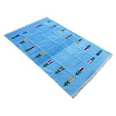 Tappeto a tessitura piatta in cotone fatto a mano, 6x9 Sky Blue Leaf Patterned Indian Dhurrie