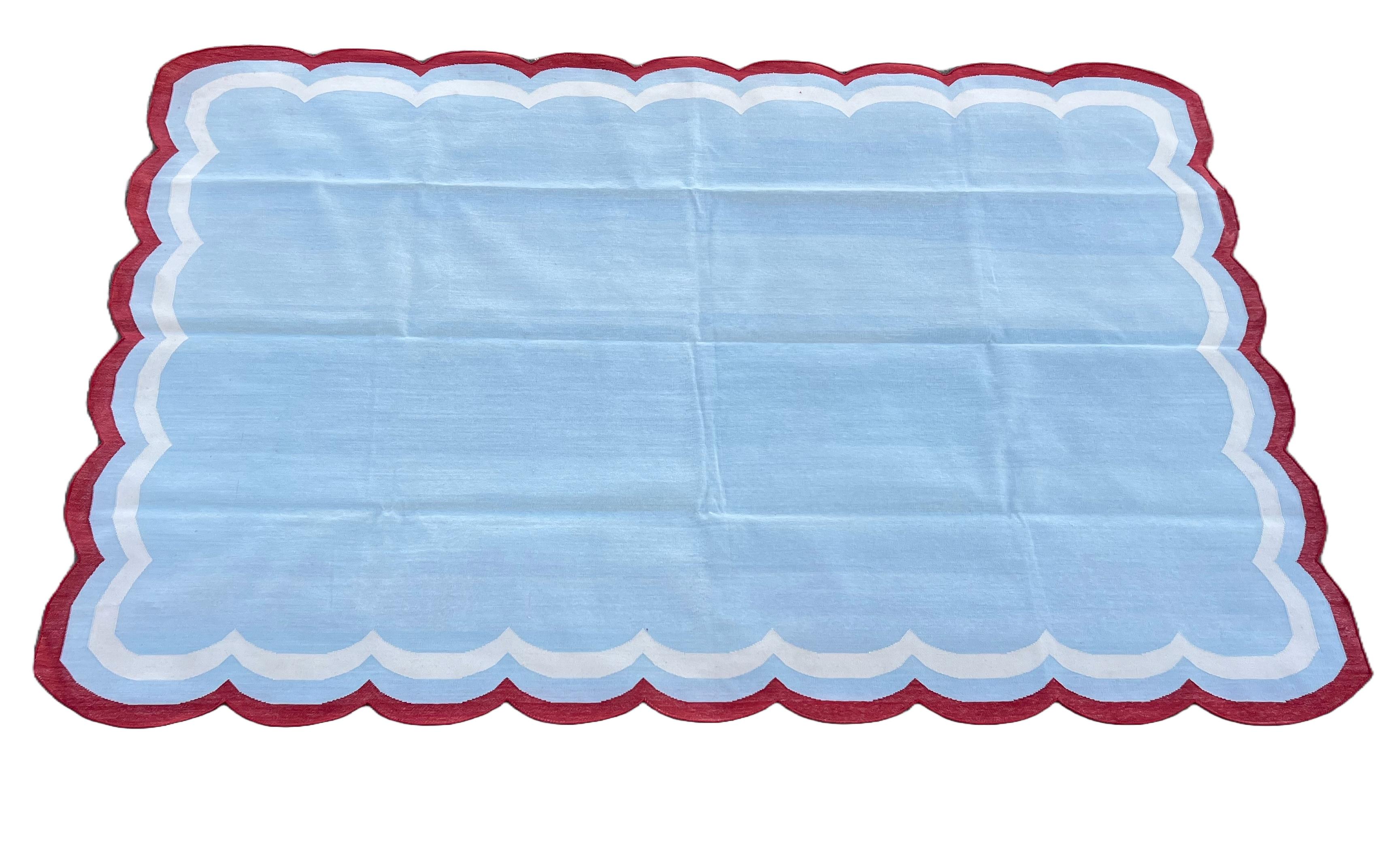 Mid-Century Modern Handmade Cotton Area Flat Weave Rug, 6x9 Sky Blue, Red Scalloped Indian Dhurrie For Sale