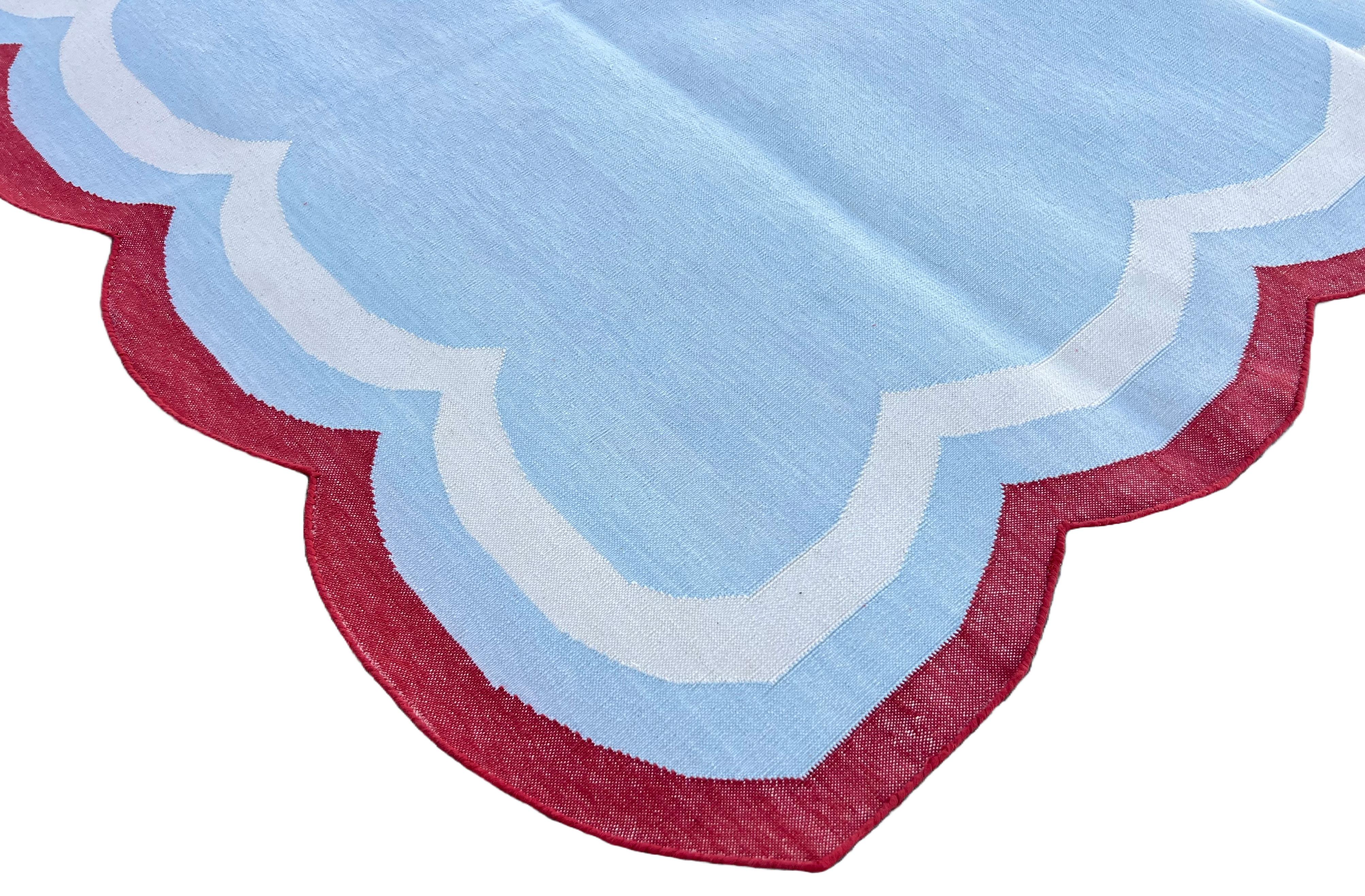 Hand-Woven Handmade Cotton Area Flat Weave Rug, 6x9 Sky Blue, Red Scalloped Indian Dhurrie For Sale