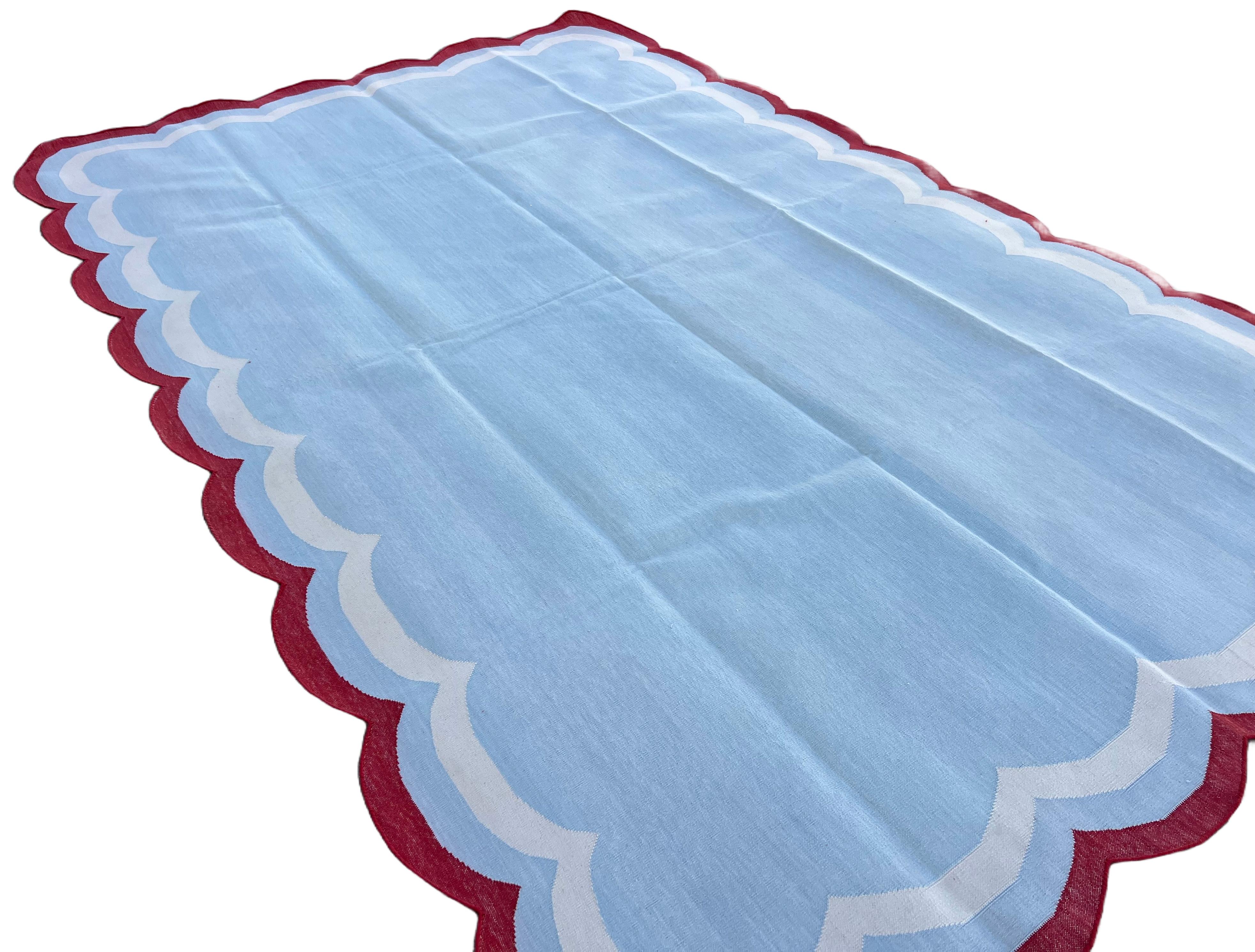 Contemporary Handmade Cotton Area Flat Weave Rug, 6x9 Sky Blue, Red Scalloped Indian Dhurrie For Sale