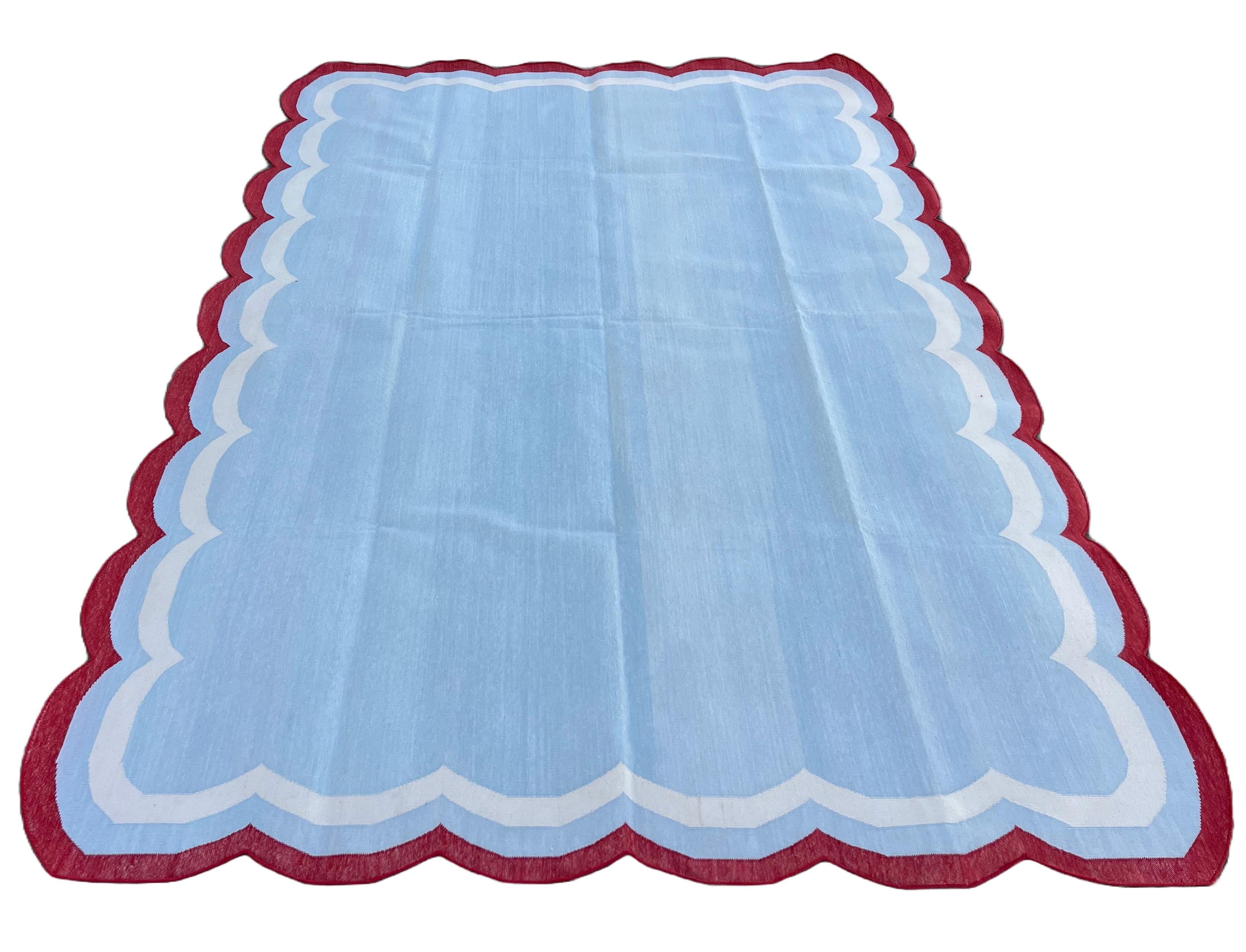 Handmade Cotton Area Flat Weave Rug, 6x9 Sky Blue, Red Scalloped Indian Dhurrie For Sale 1