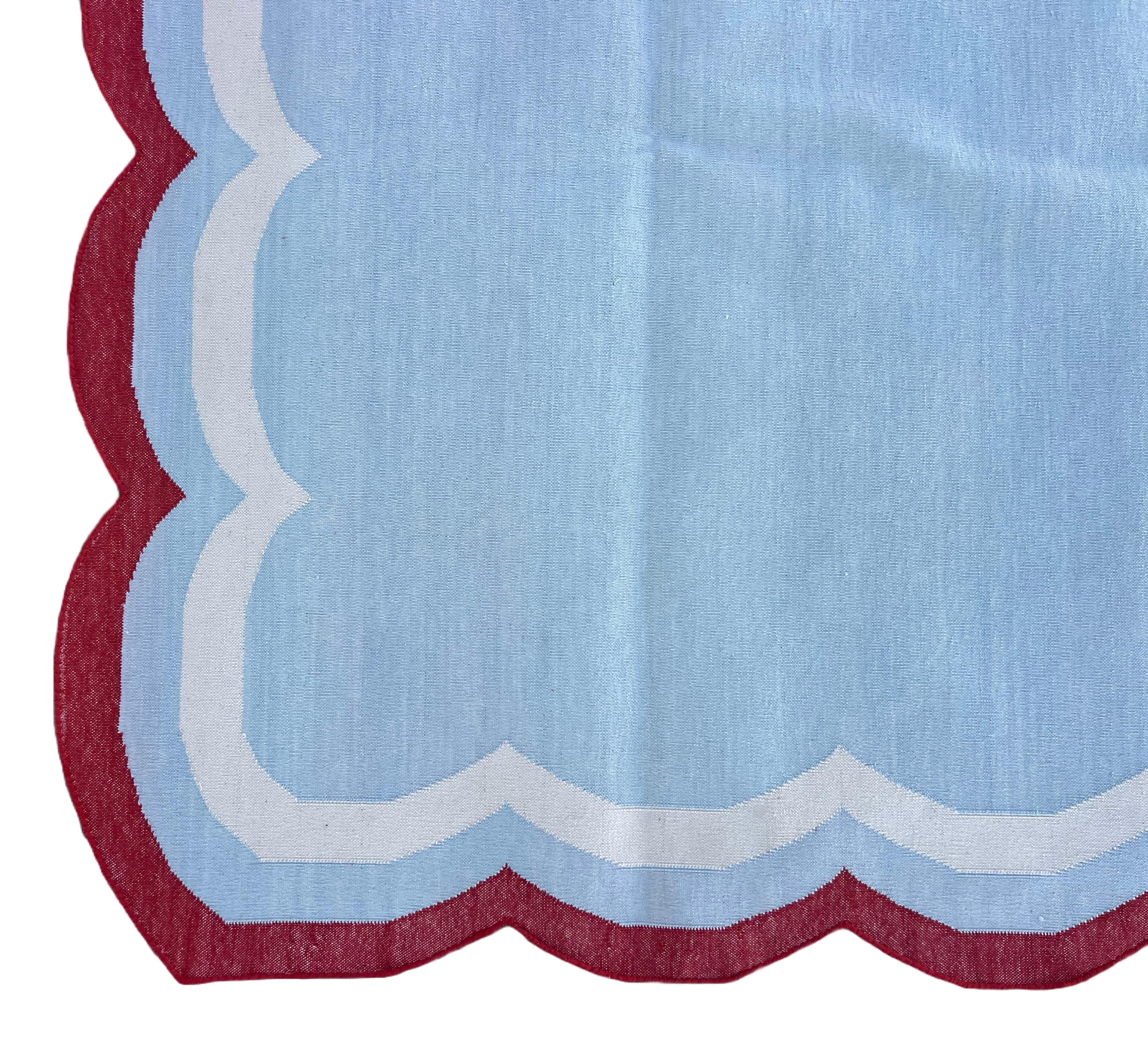 Handmade Cotton Area Flat Weave Rug, 6x9 Sky Blue, Red Scalloped Indian Dhurrie For Sale 3