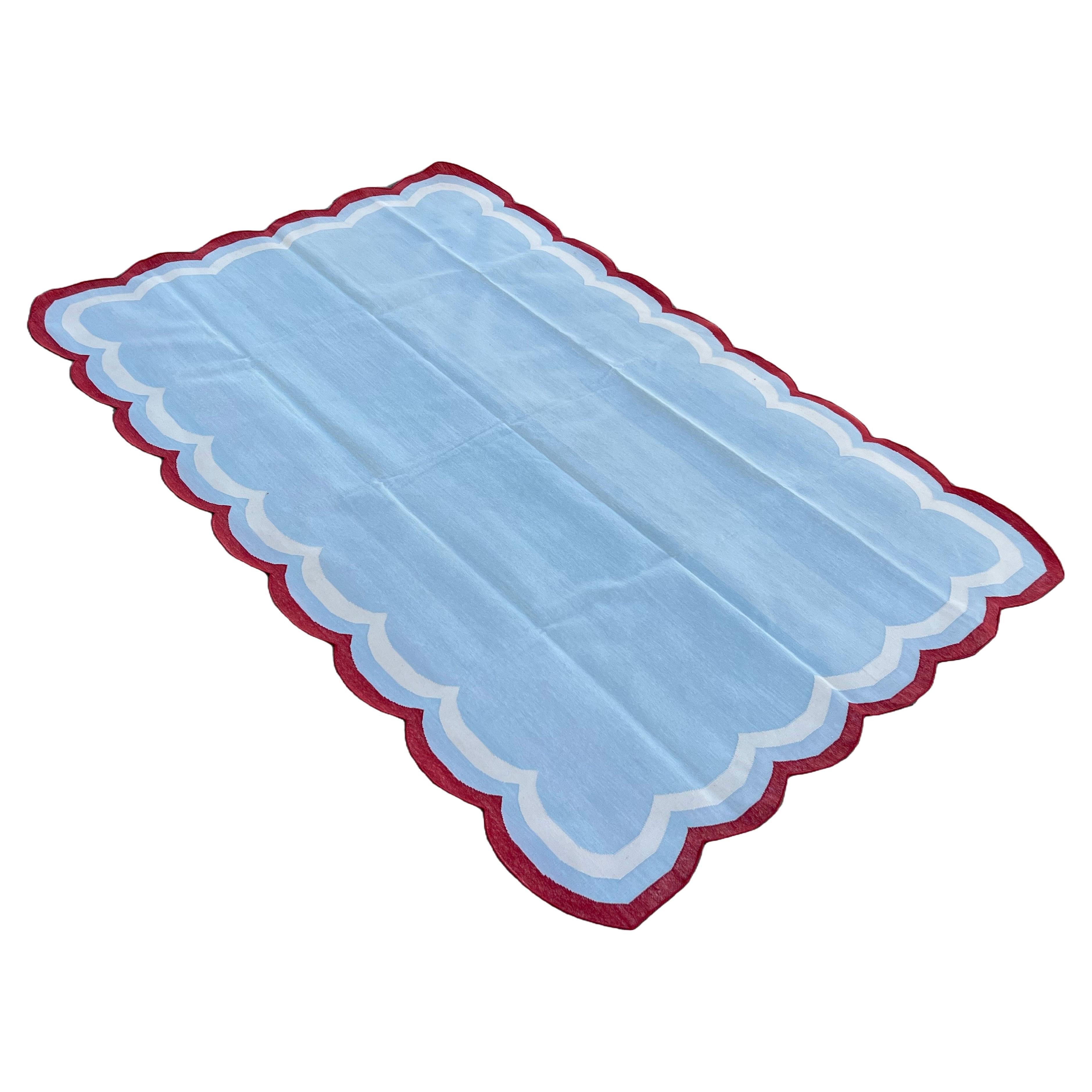 Handmade Cotton Area Flat Weave Rug, 6x9 Sky Blue, Red Scalloped Indian Dhurrie