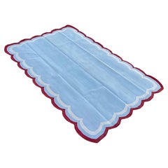 Handgefertigter Flachgewebe-Teppich aus Baumwolle, 6x9 Himmelblau, Rot mit Wellenschliff, indischer Dhurrie