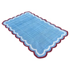Handmade Cotton Area Flat Weave Rug, 6x9 Sky Blue, Red Scalloped Indian Dhurrie