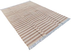 Handmade Cotton Area Flat Weave Rug, 6x9 Tan And Cream Striped Indian Dhurrie