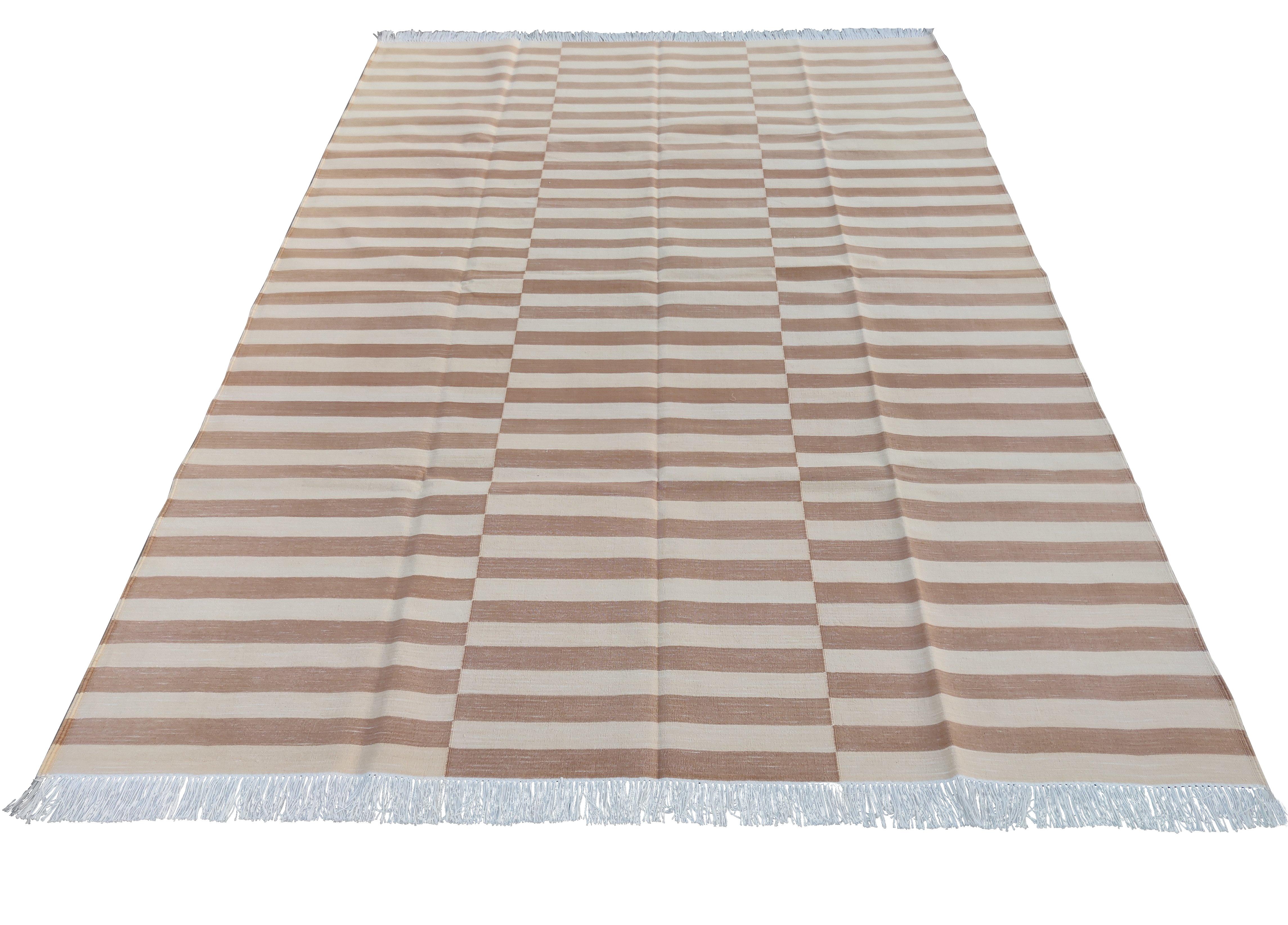 Hand-Woven Handmade Cotton Area Flat Weave Rug, 6x9 Tan And Cream Striped Indian Dhurrie For Sale